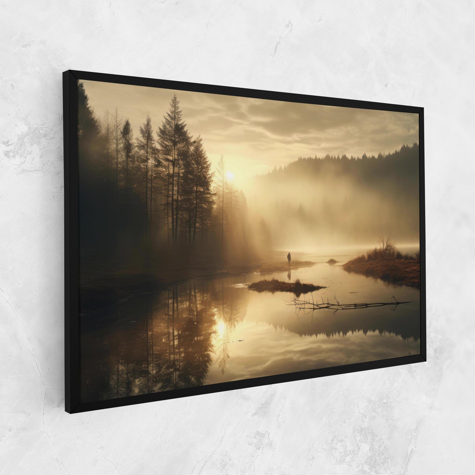 Leinwandbild The Sun Is Rising Over A River In A Foggy Forest mockup 1