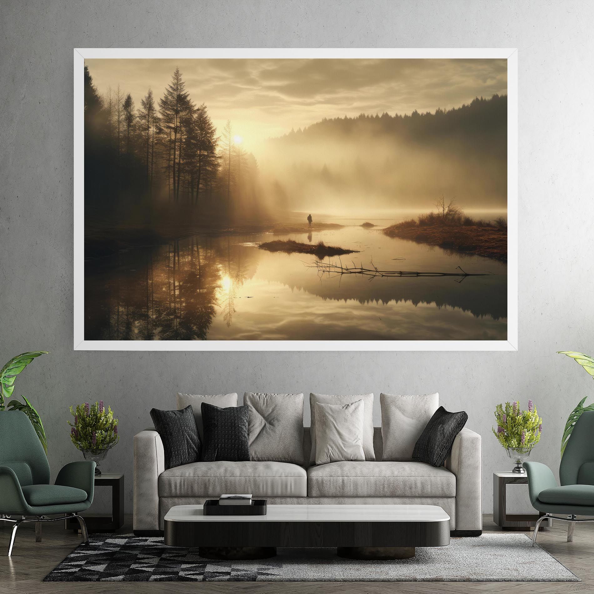 The Sun Is Rising Over A River In A Foggy Forest mockup 7