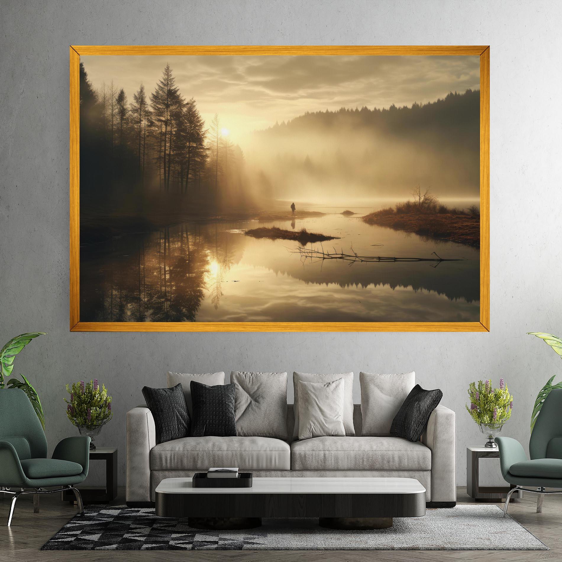 Leinwandbild The Sun Is Rising Over A River In A Foggy Forest mockup 7
