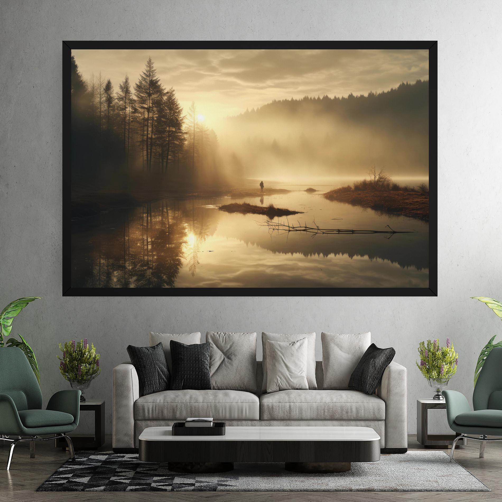 Leinwandbild The Sun Is Rising Over A River In A Foggy Forest mockup 7