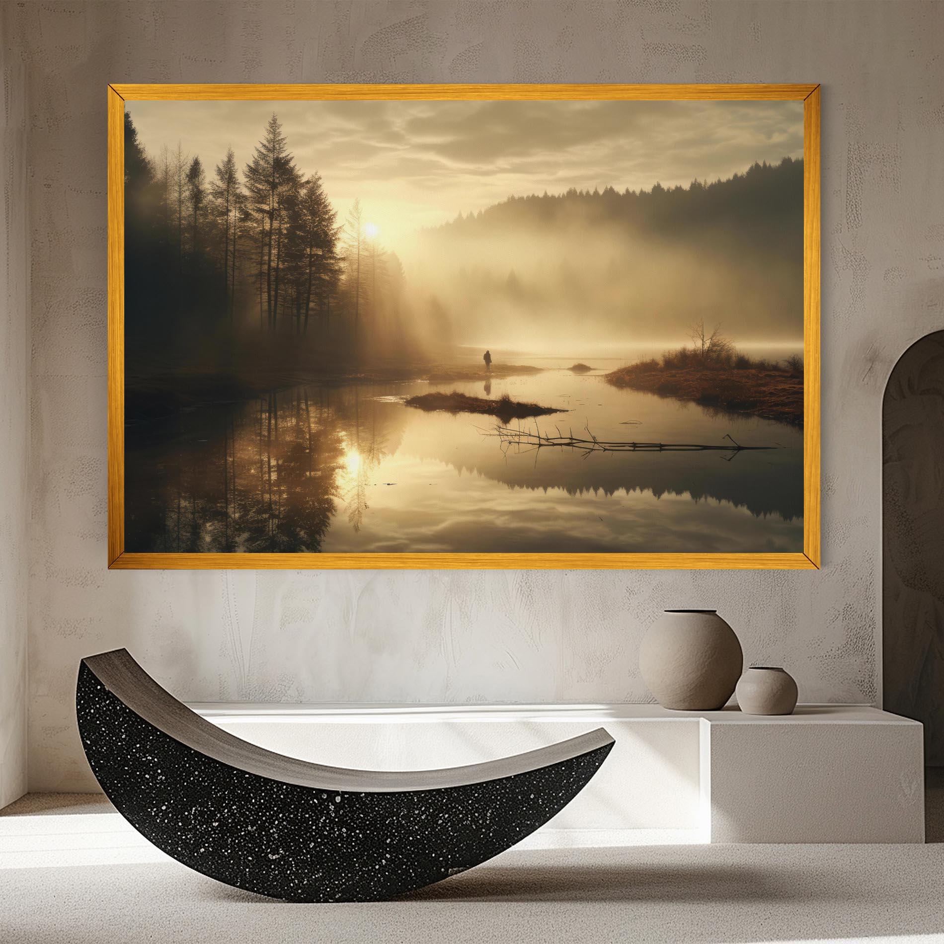 Leinwandbild The Sun Is Rising Over A River In A Foggy Forest mockup 8