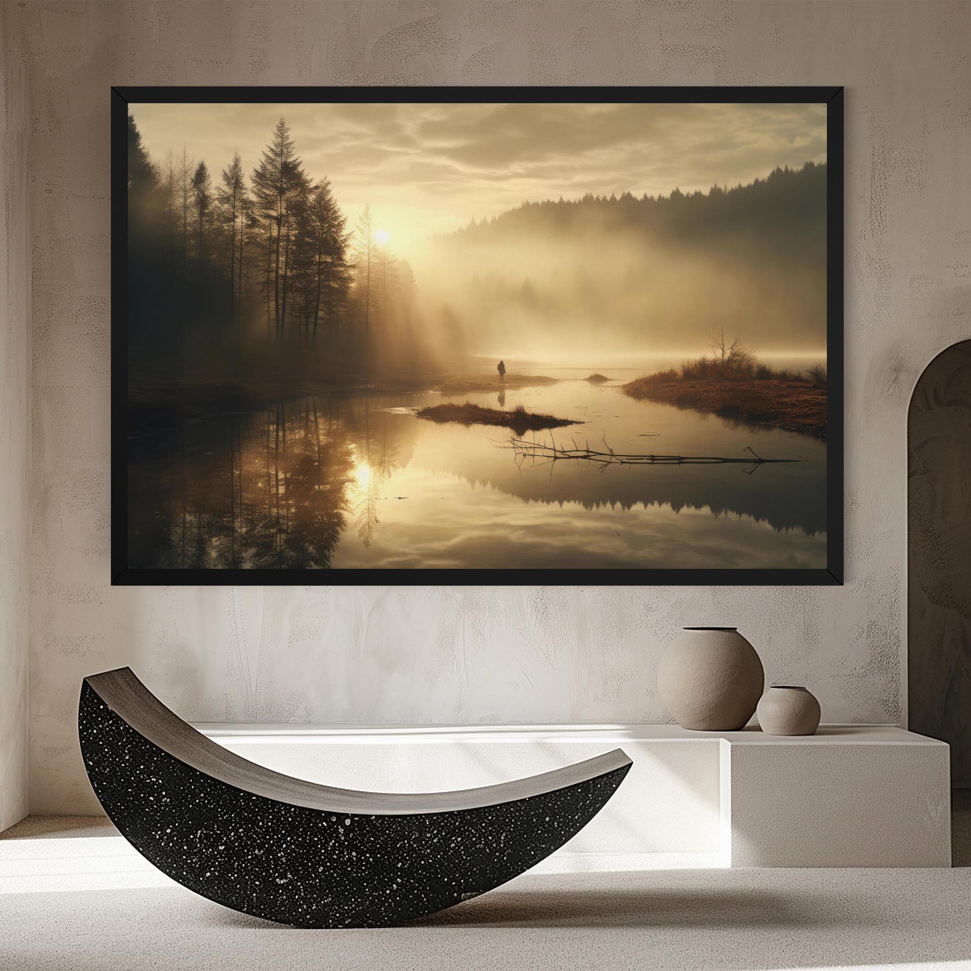 Leinwandbild The Sun Is Rising Over A River In A Foggy Forest mockup 8