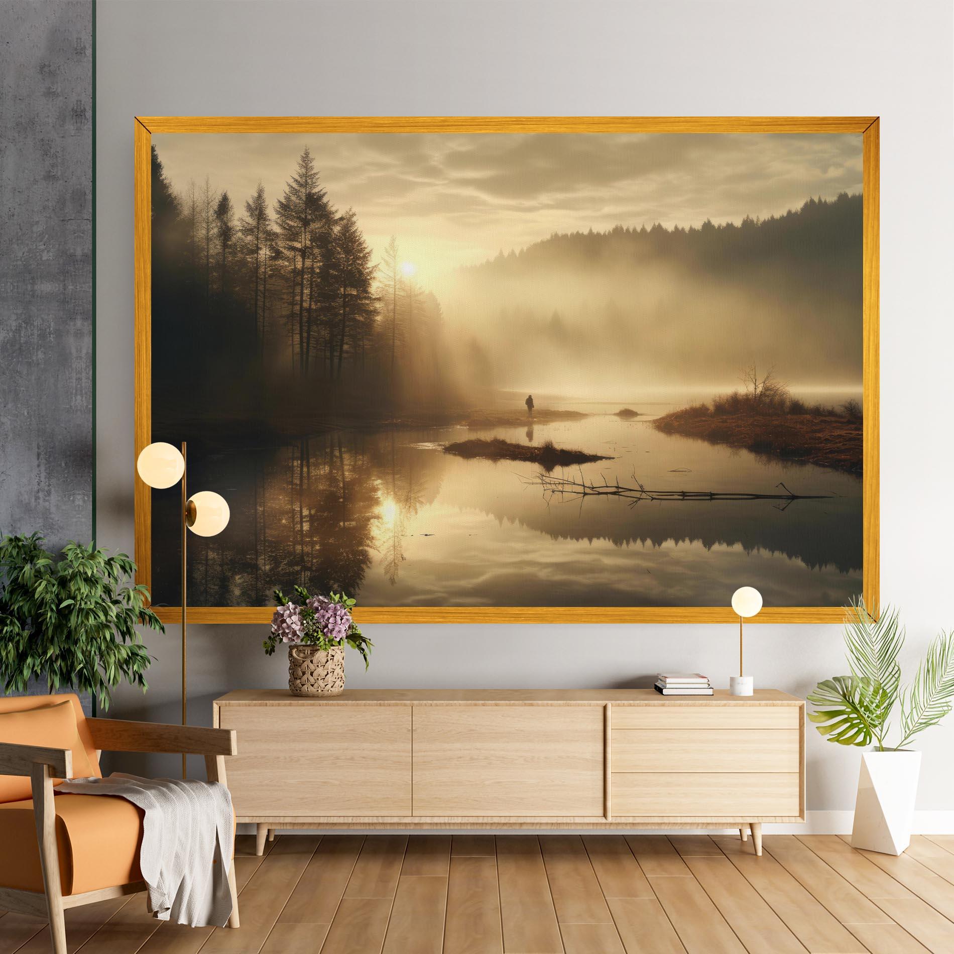 Leinwandbild The Sun Is Rising Over A River In A Foggy Forest mockup 9