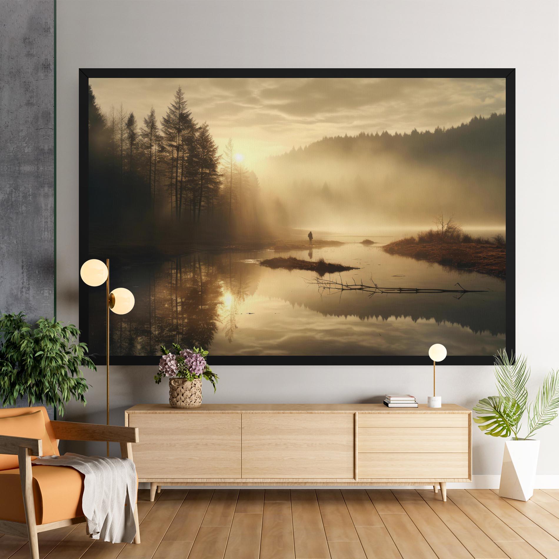 Leinwandbild The Sun Is Rising Over A River In A Foggy Forest mockup 9