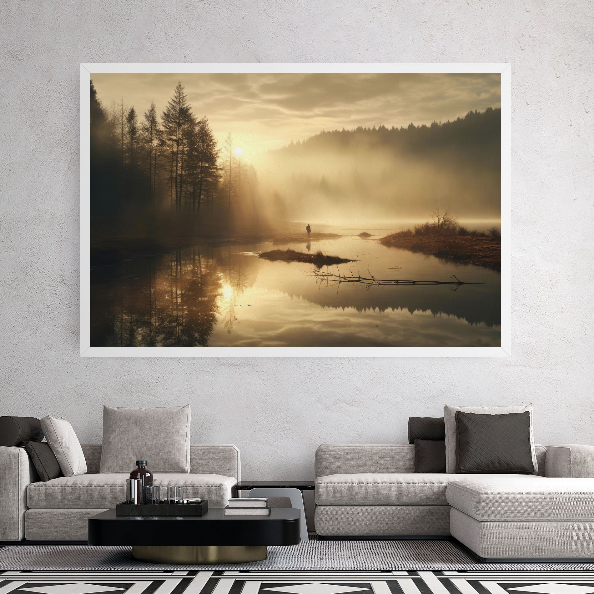 The Sun Is Rising Over A River In A Foggy Forest mockup 2