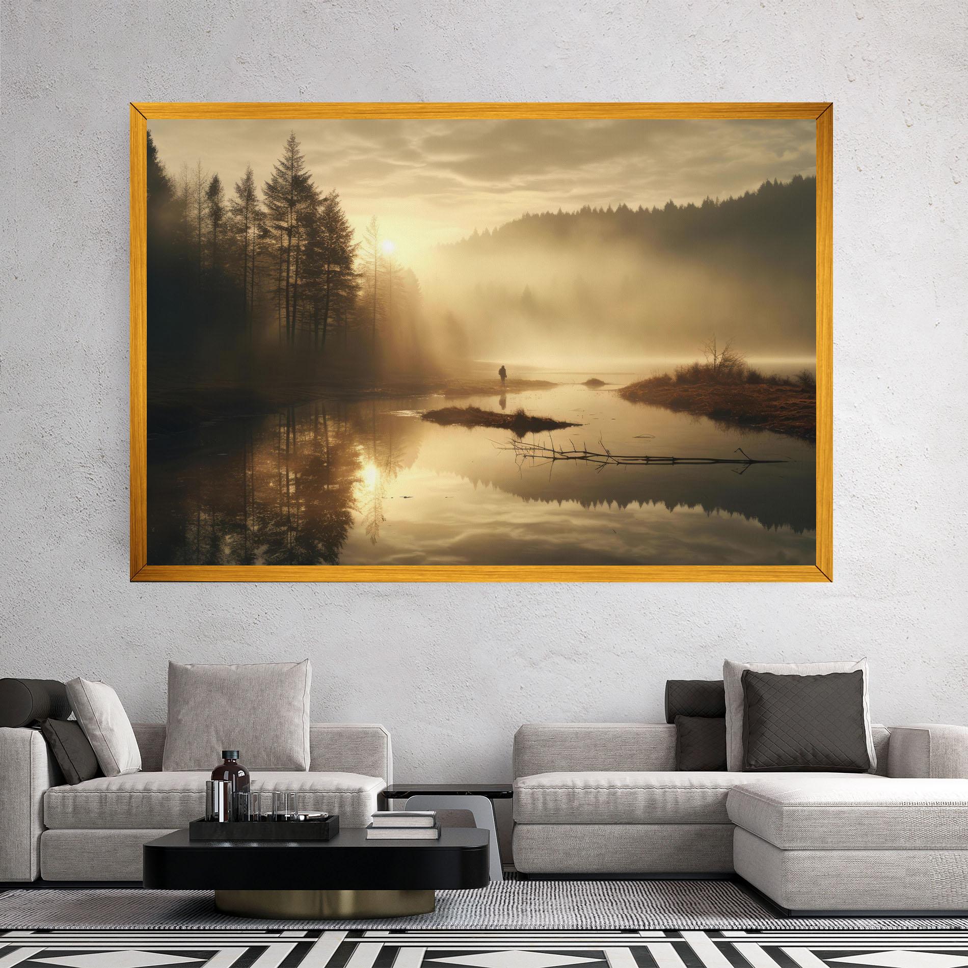 Leinwandbild The Sun Is Rising Over A River In A Foggy Forest mockup 2