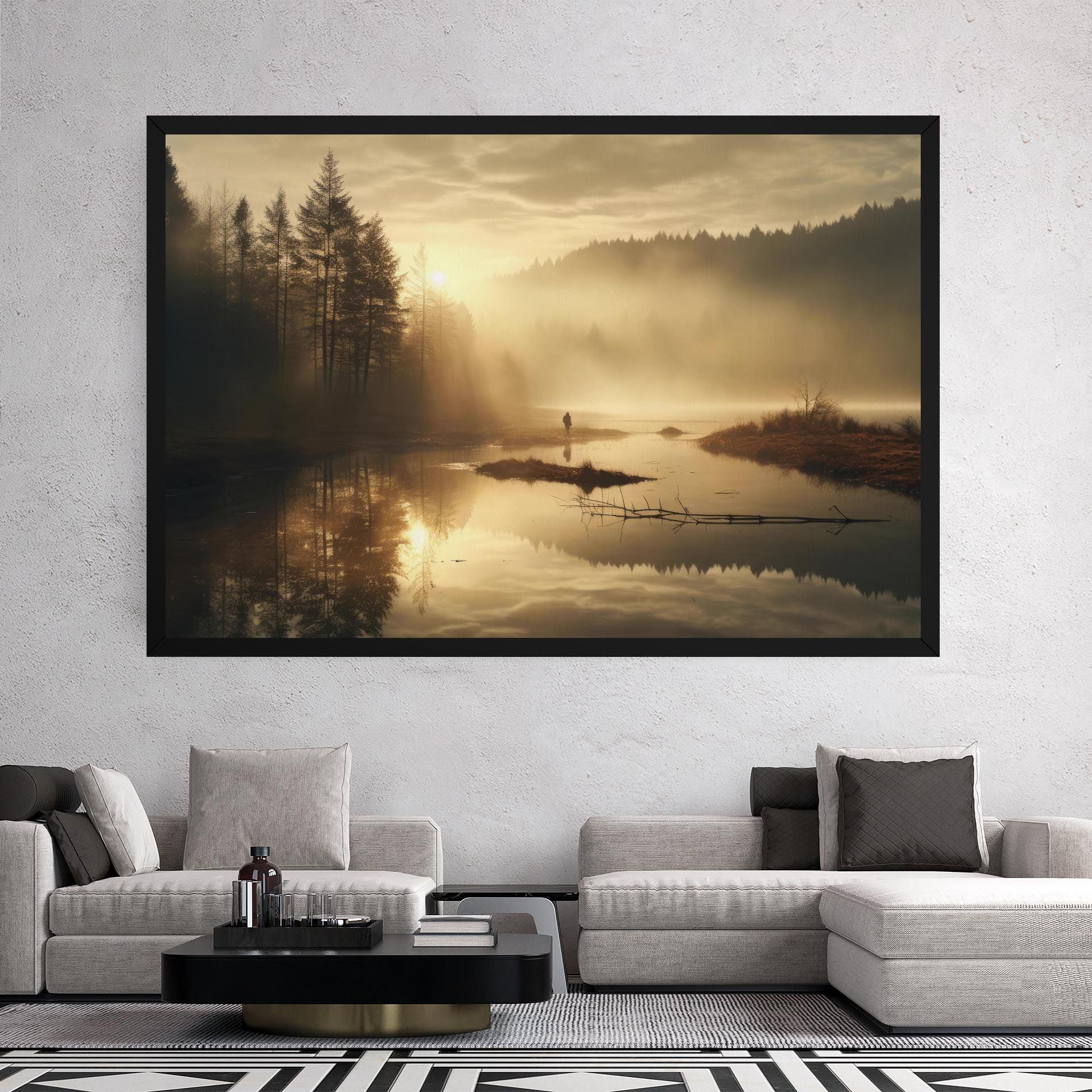 The Sun Is Rising Over A River In A Foggy Forest mockup 2