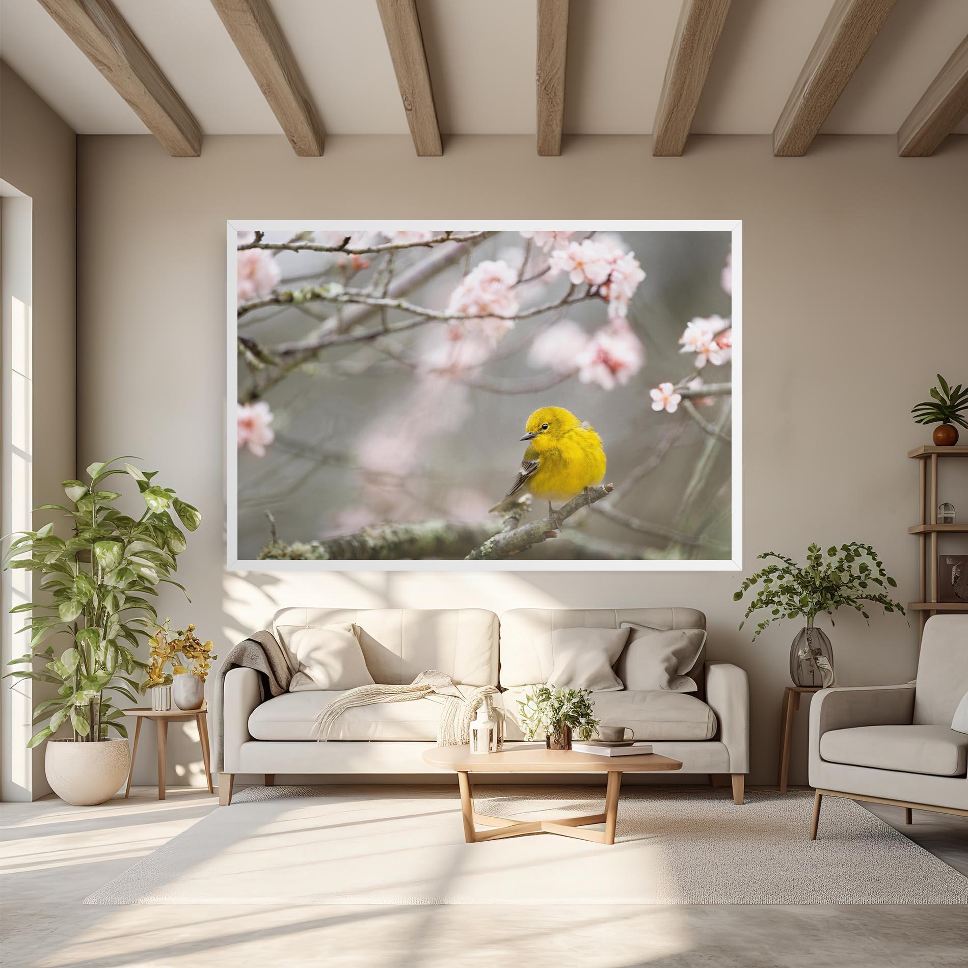 Leinwandbild Pretty Spring Yellow Bird mockup 6