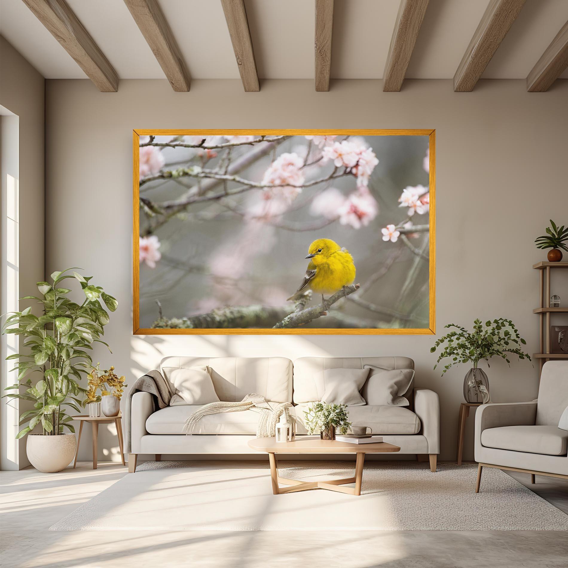 Leinwandbild Pretty Spring Yellow Bird mockup 6