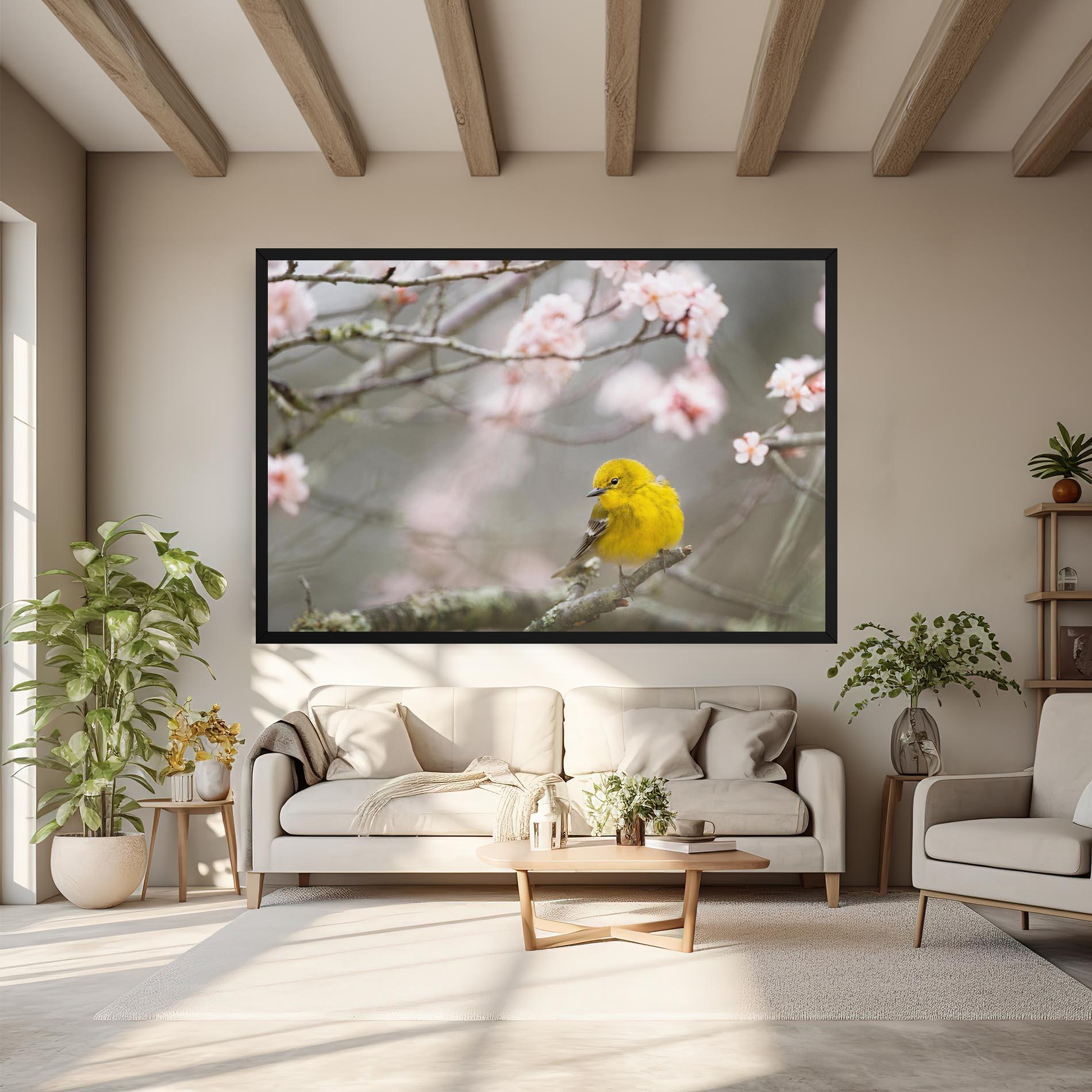 Leinwandbild Pretty Spring Yellow Bird mockup 6