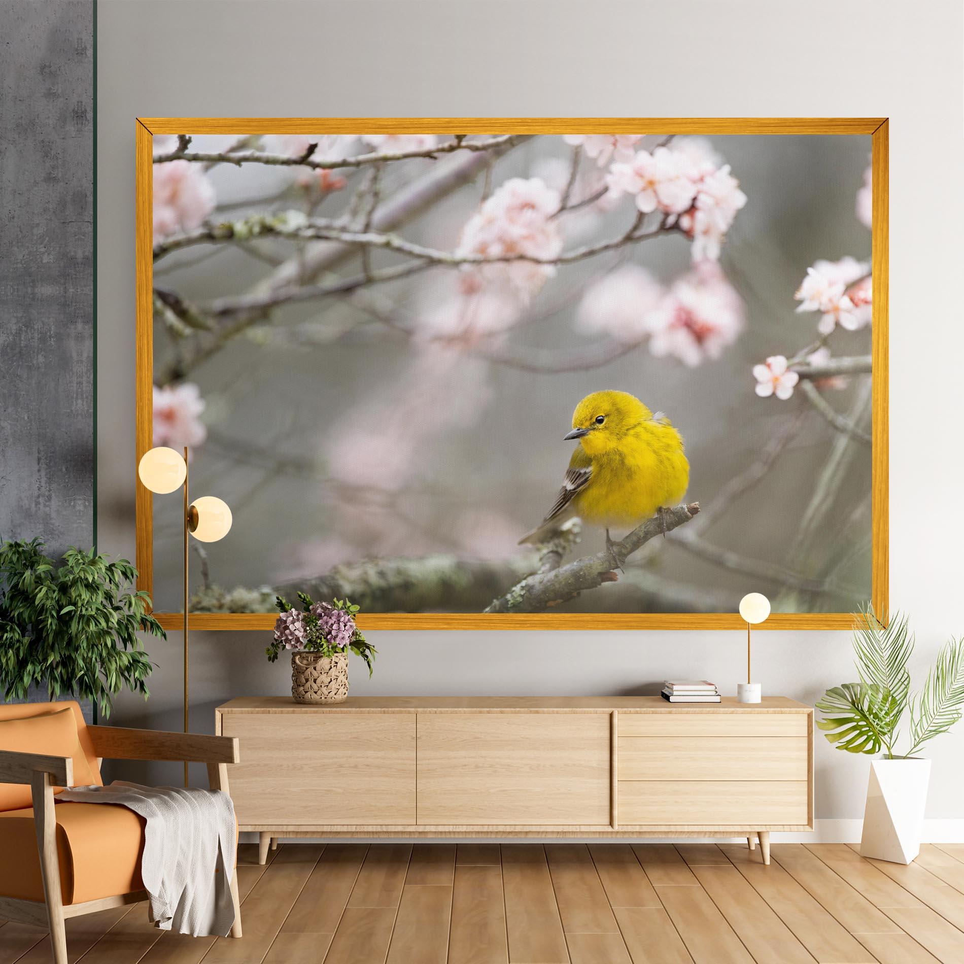 Leinwandbild Pretty Spring Yellow Bird mockup 9