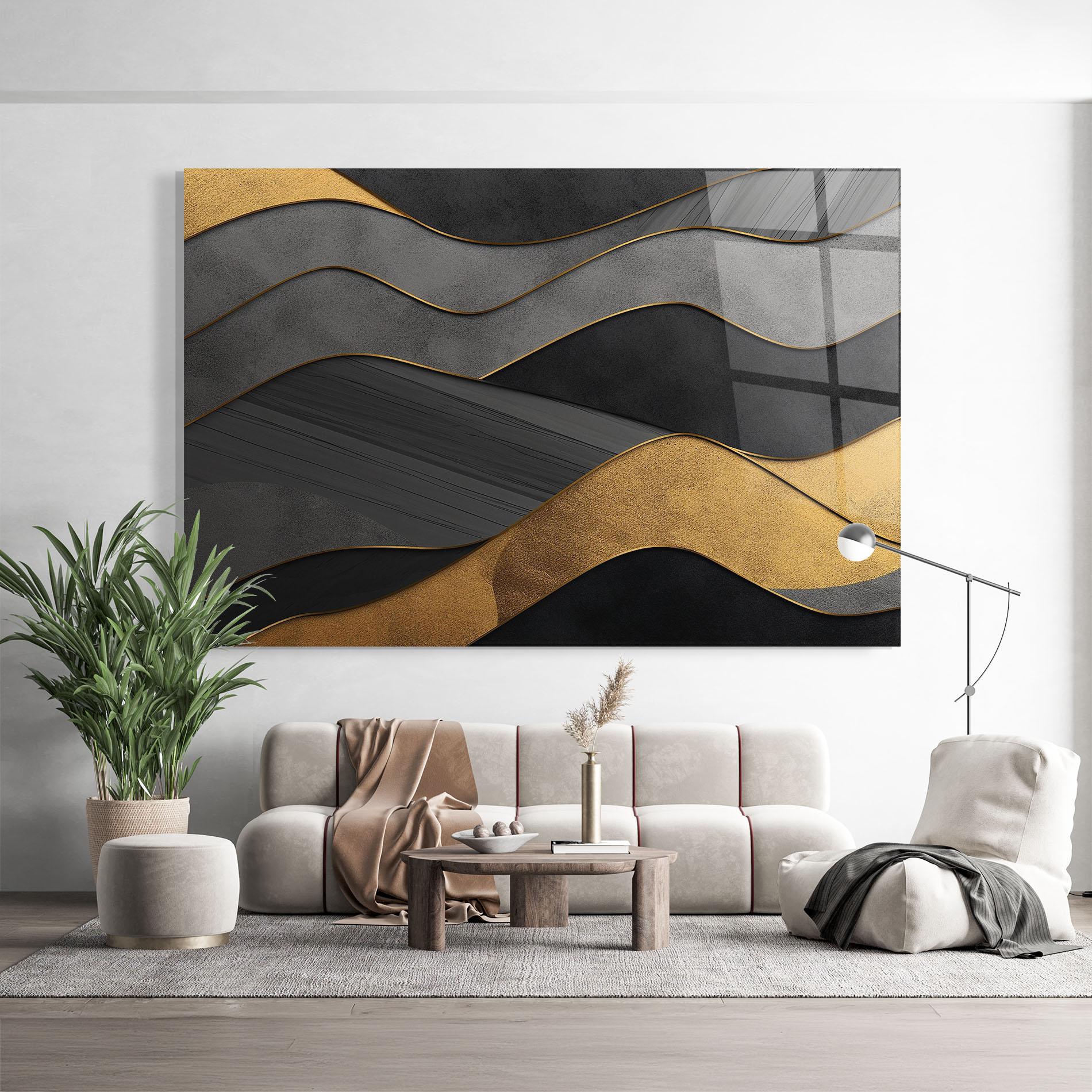 Glasbild Abstract Gold And Grey Waves mockup 9