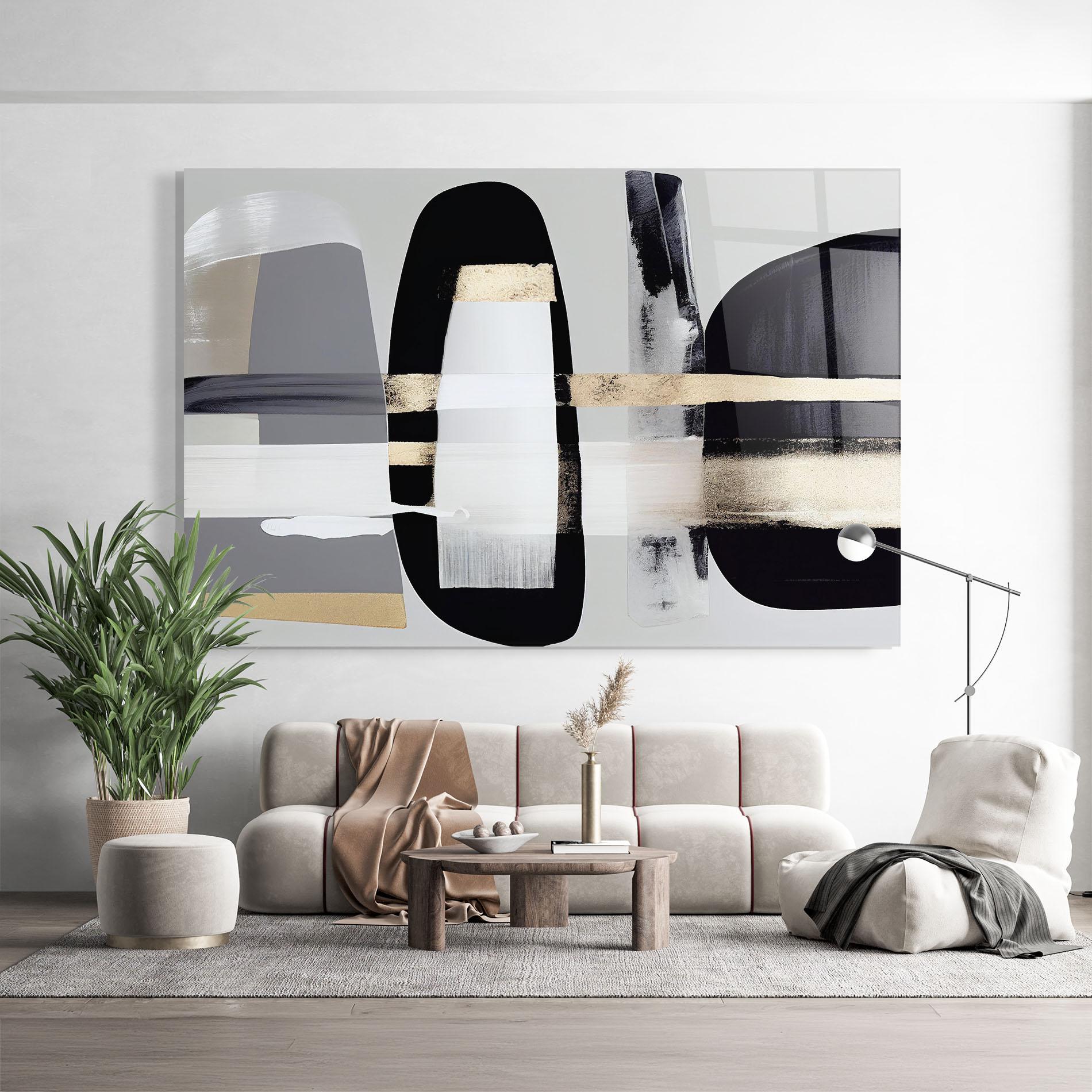 Glasbild Abstract Gold Painting With Black mockup 9