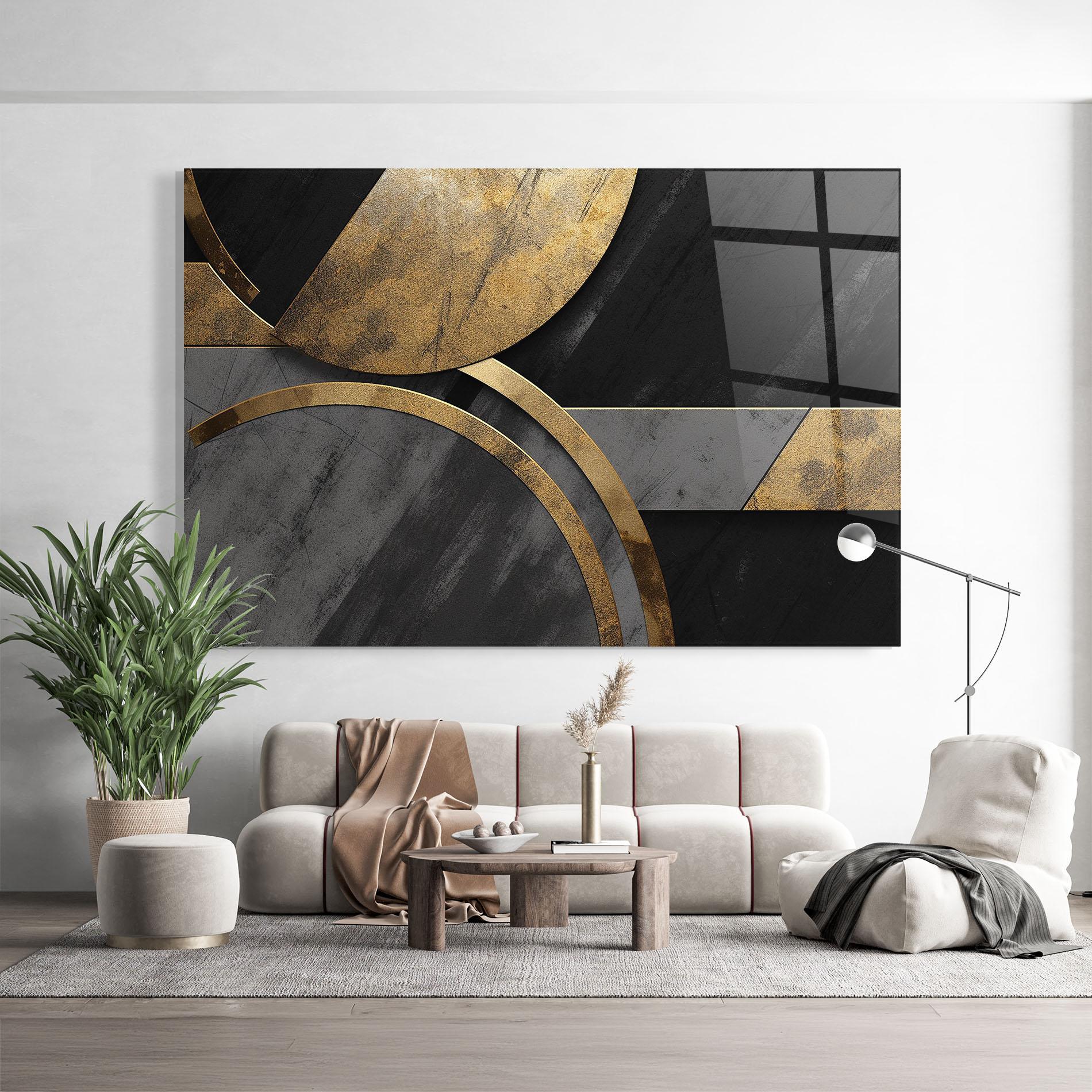 Glasbild Grey With Gold Painting mockup 9