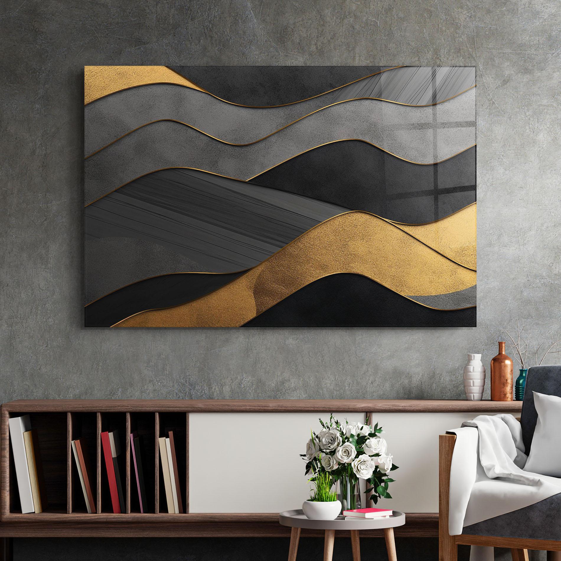 Glasbild Abstract Gold And Grey Waves mockup 2