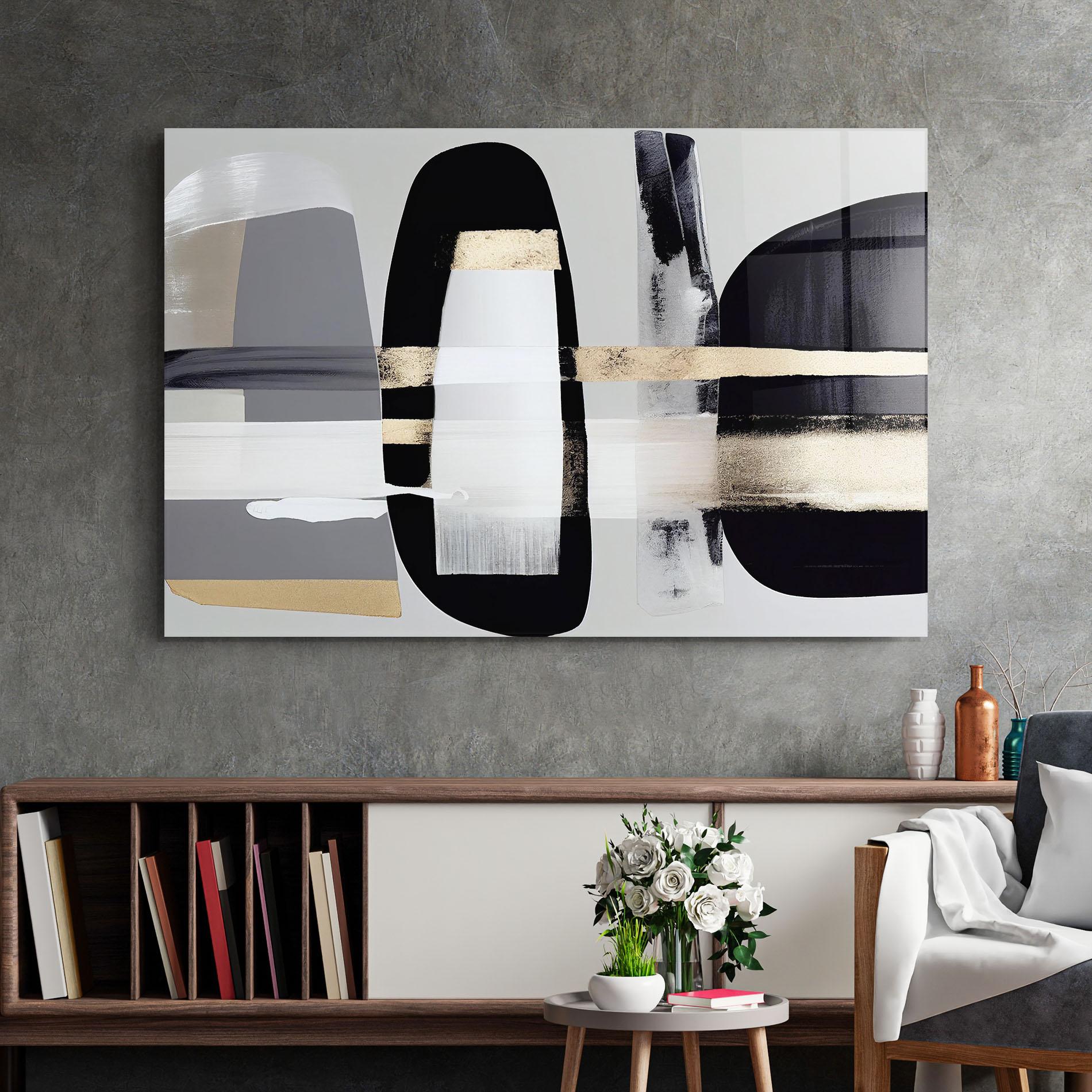 Glasbild Abstract Gold Painting With Black mockup 2