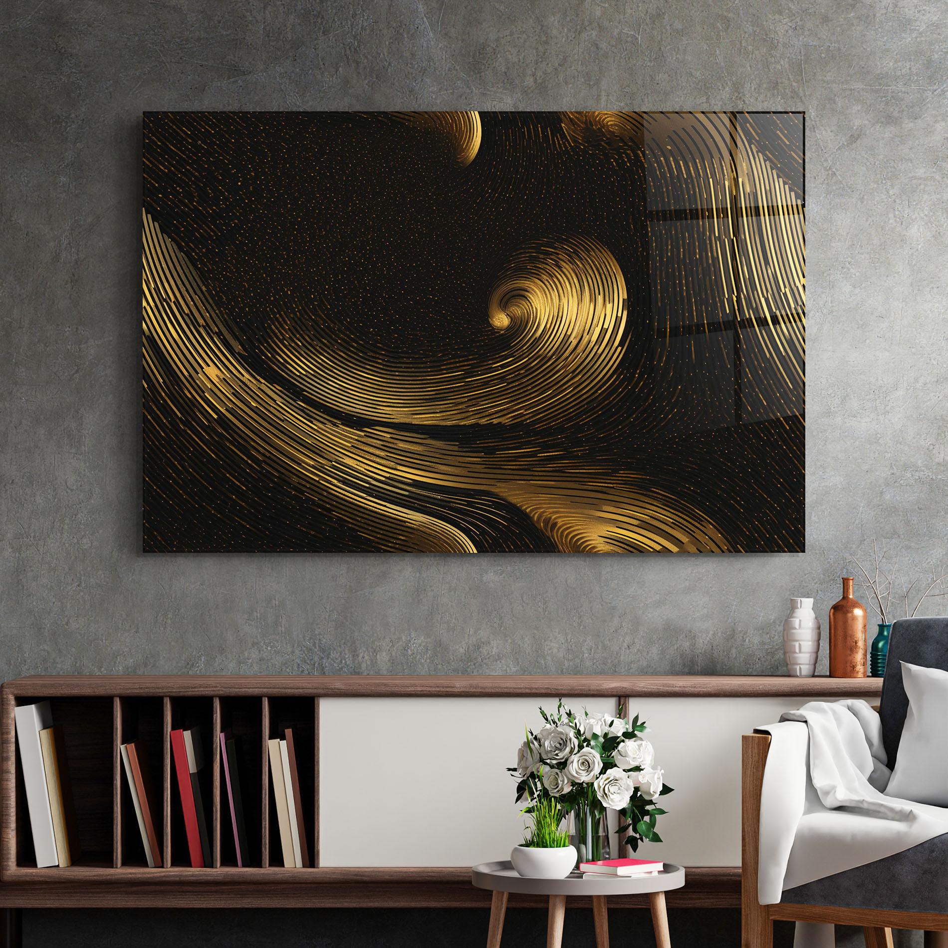 Glasbild Black Painting With Gold mockup 2