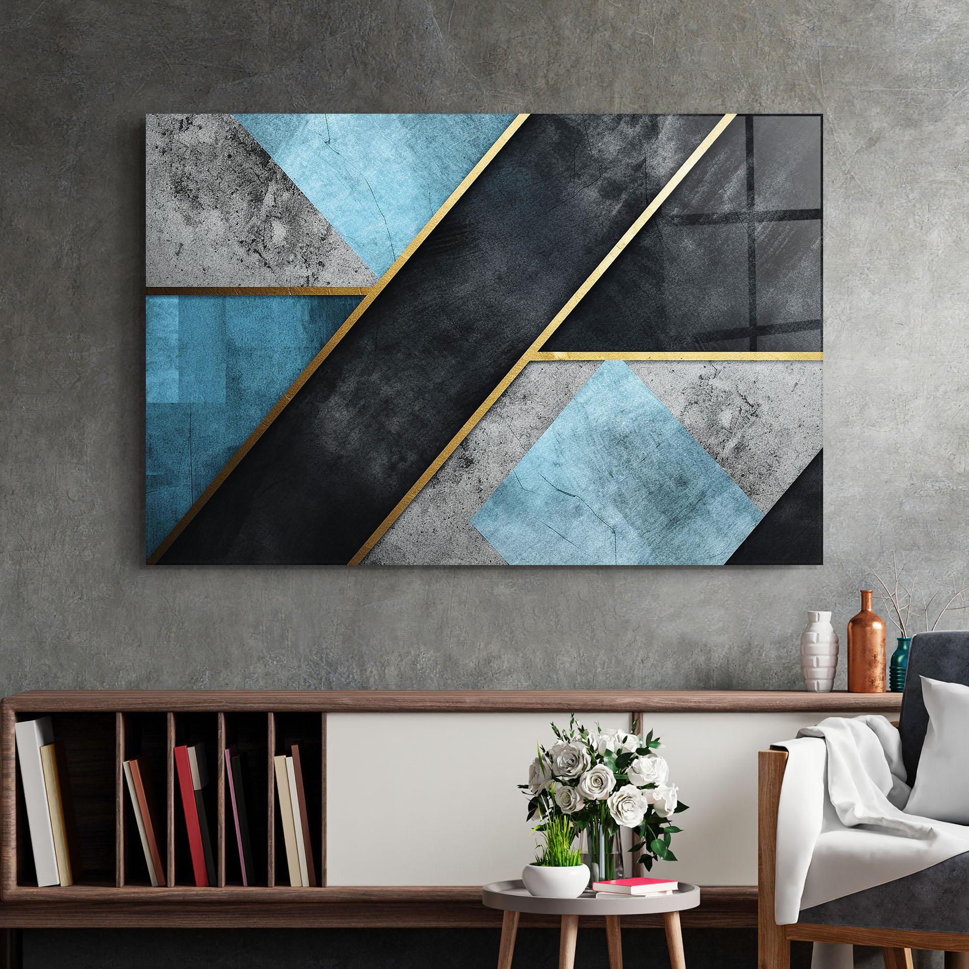 Glasbild Grey With Blue Painting mockup 2