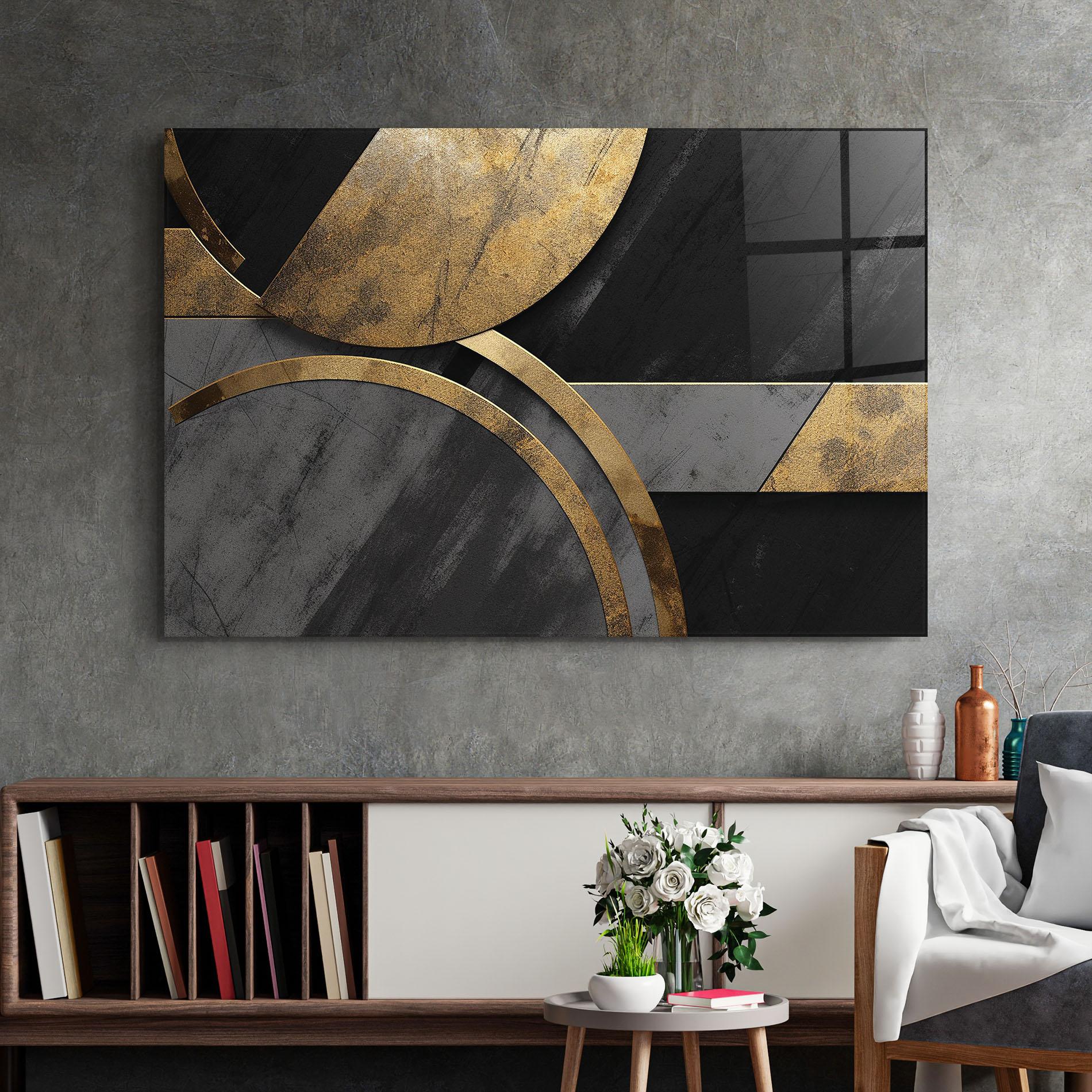 Glasbild Grey With Gold Painting mockup 2