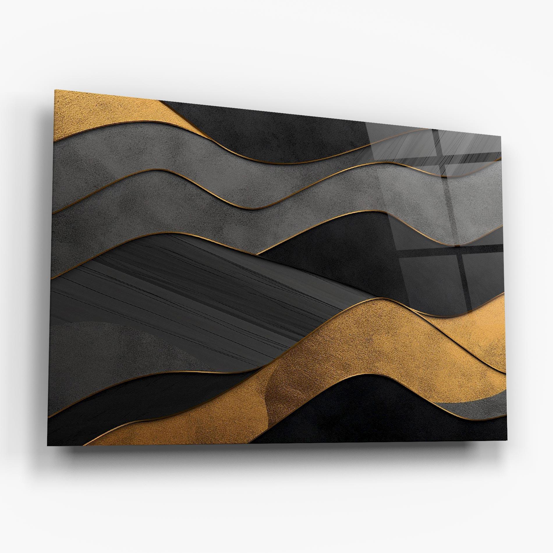 Glasbild Abstract Gold And Grey Waves mockup 6