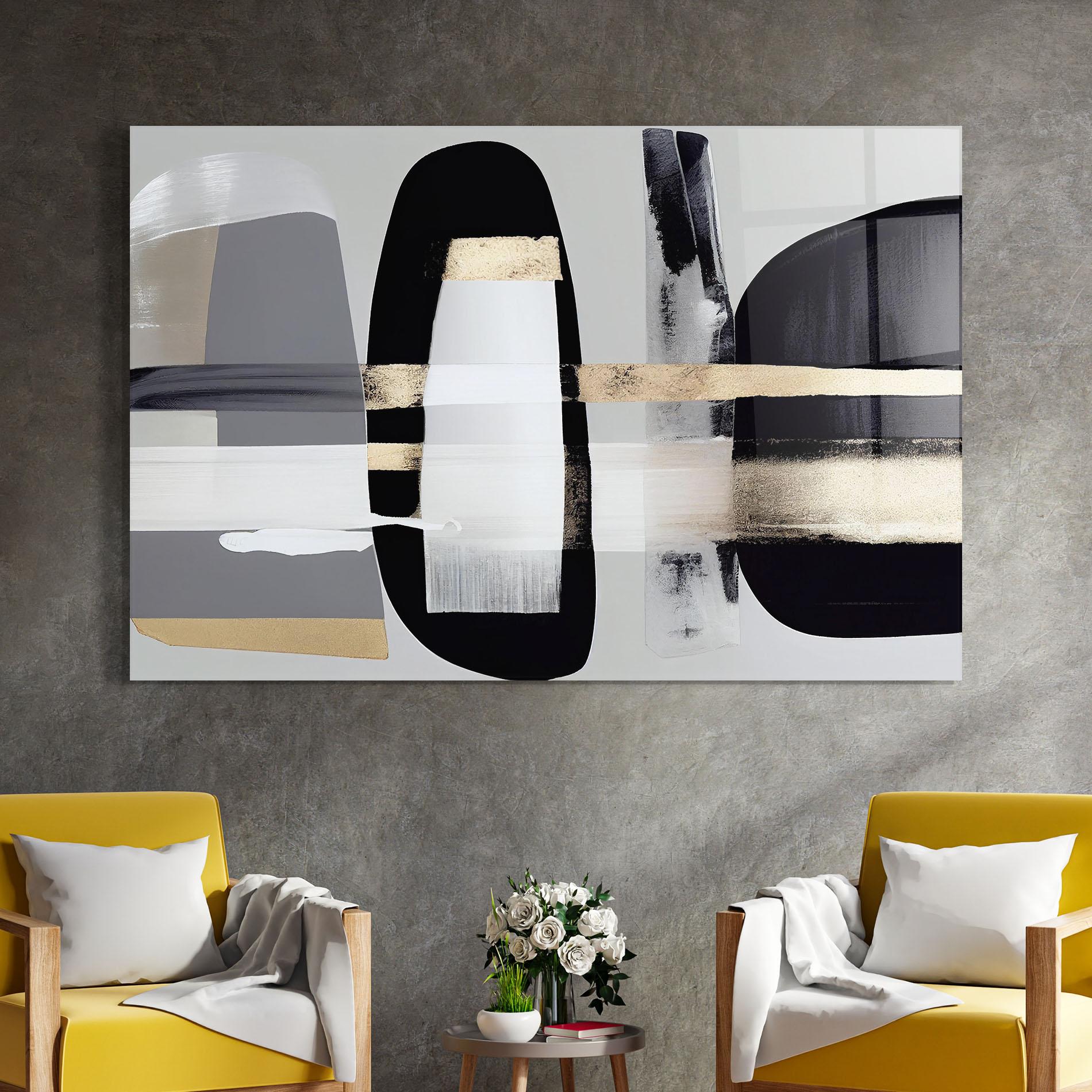 Glasbild Abstract Gold Painting With Black mockup 4