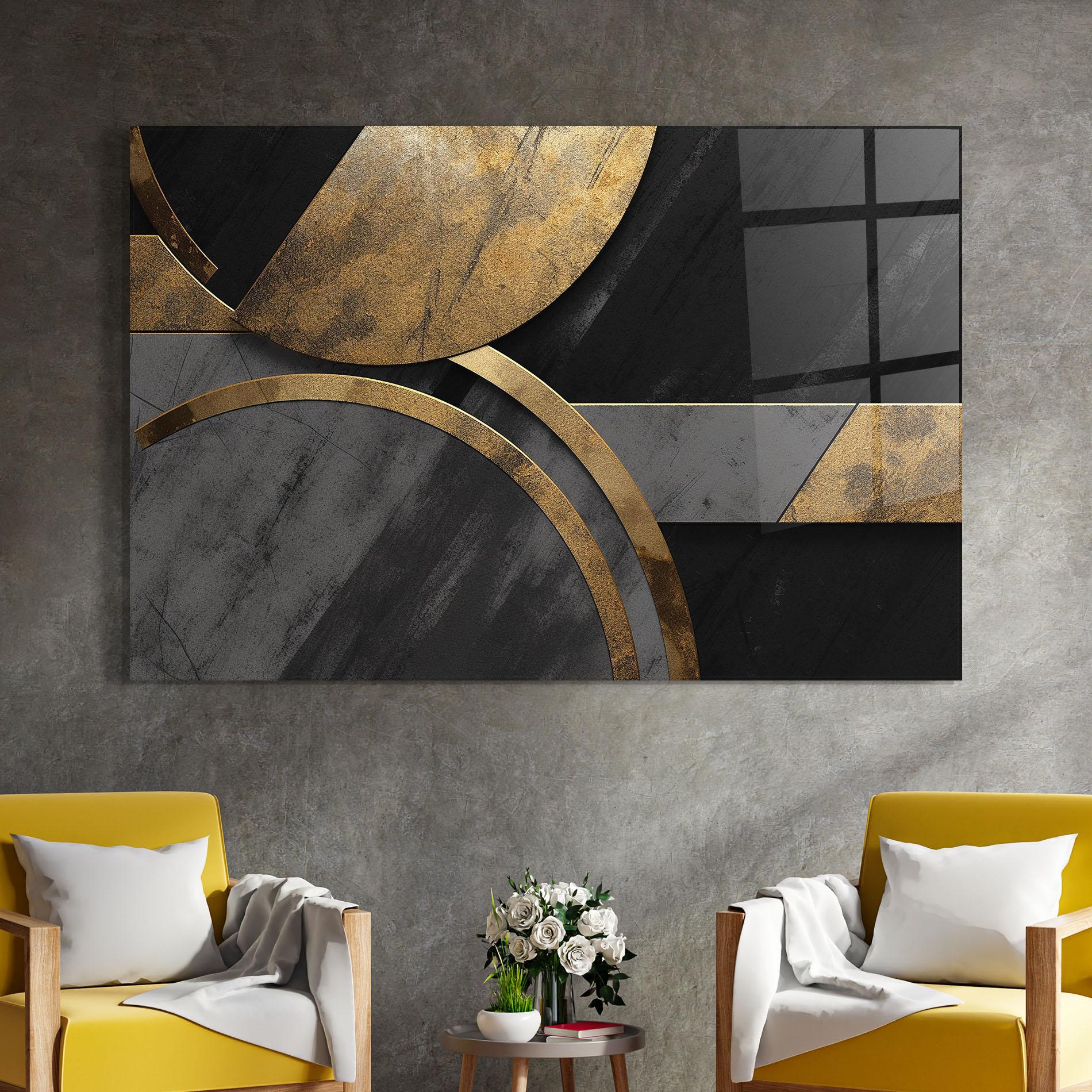 Glasbild Grey With Gold Painting mockup 4