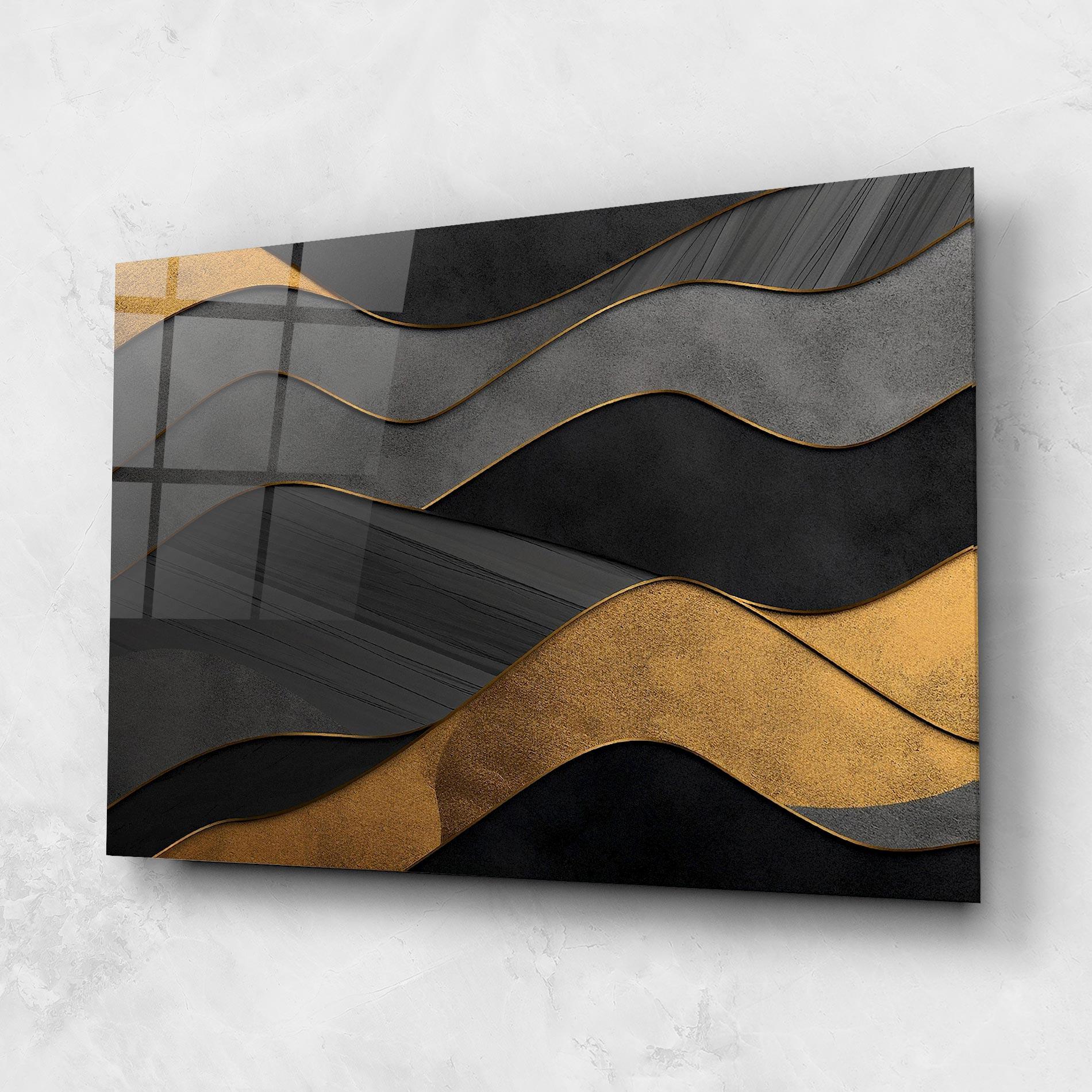 Glasbild Abstract Gold And Grey Waves mockup 1