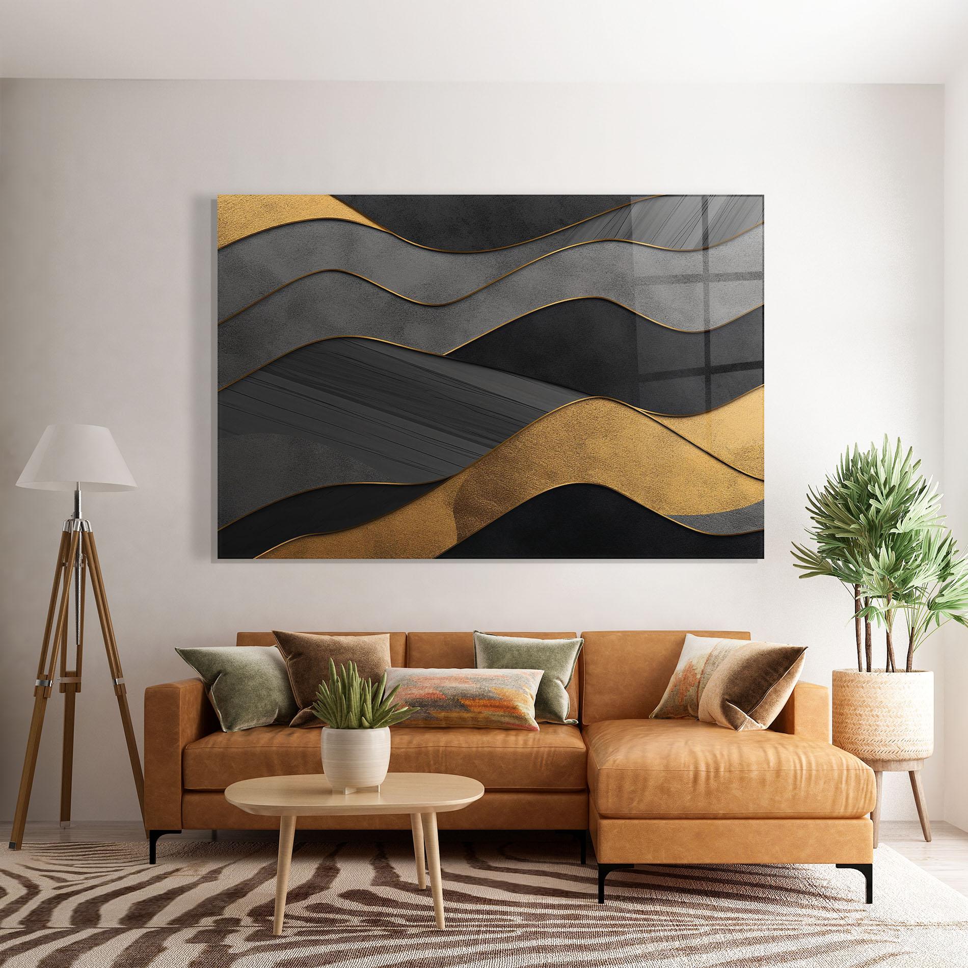 Glasbild Abstract Gold And Grey Waves mockup 7