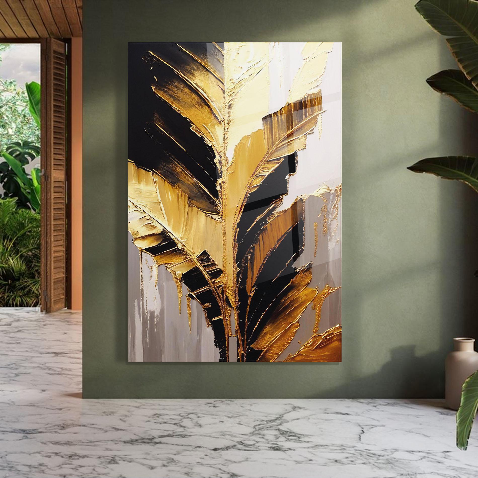 Glasbild Balck With Gold Leafs mockup 7