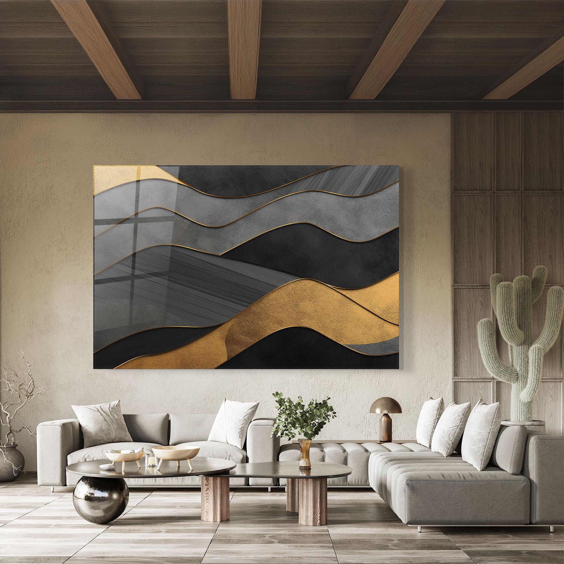Glasbild Abstract Gold And Grey Waves mockup 8
