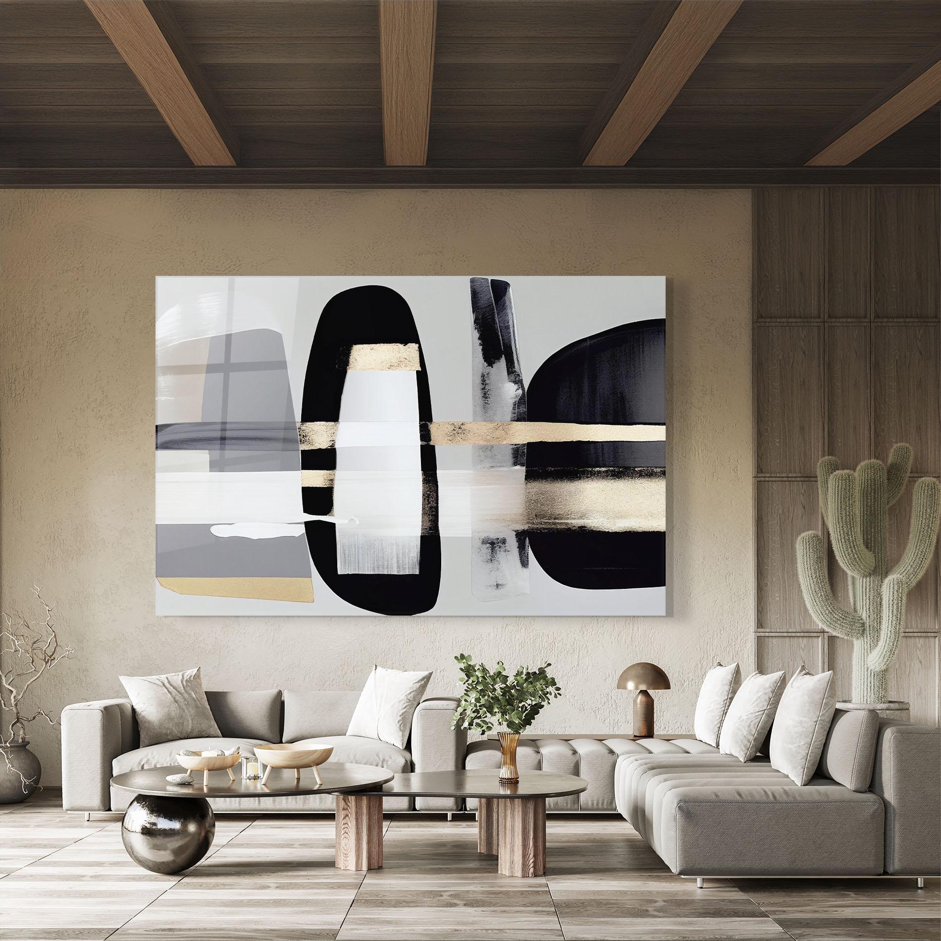 Glasbild Abstract Gold Painting With Black mockup 8