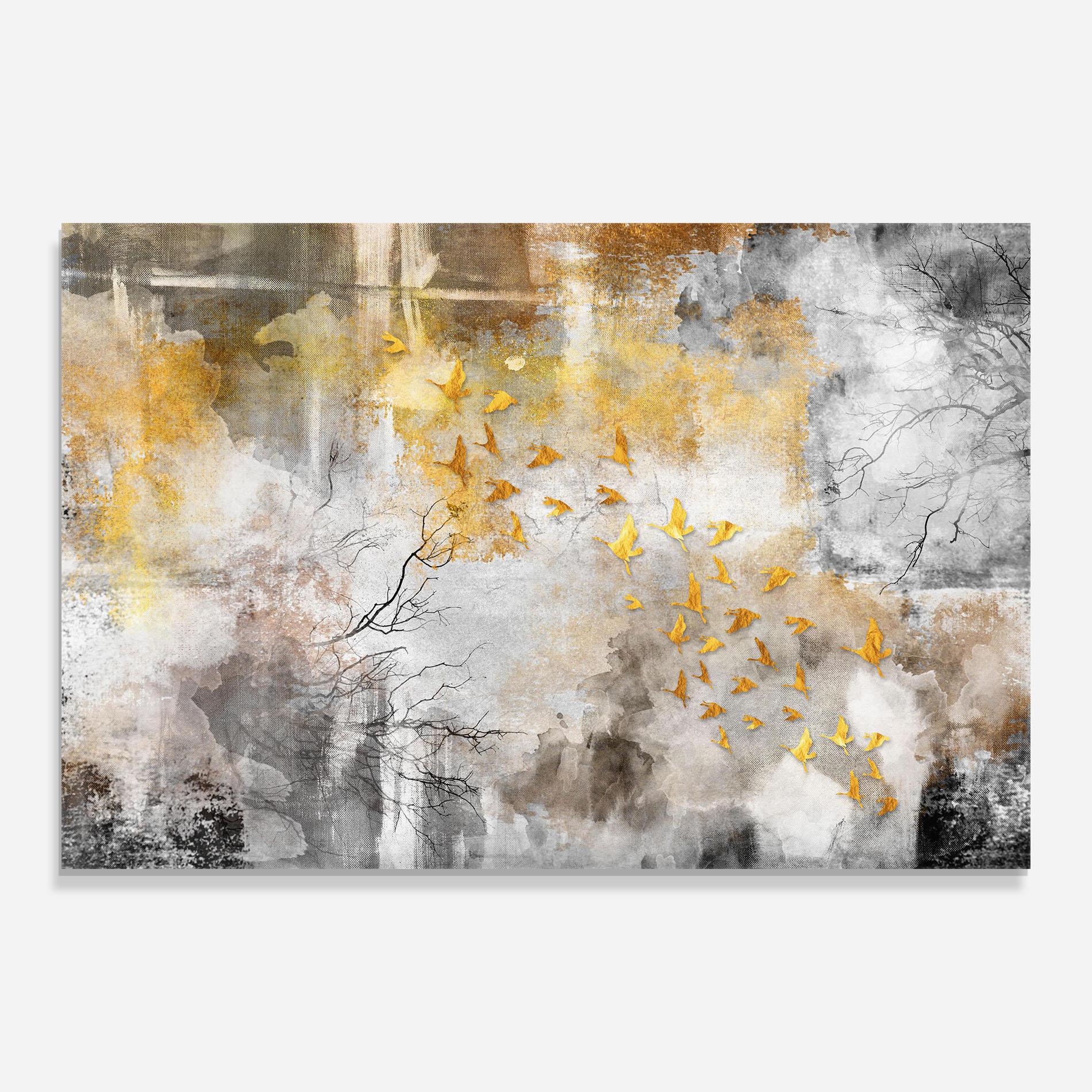 Glasbild Gold Birds Flying mockup 0