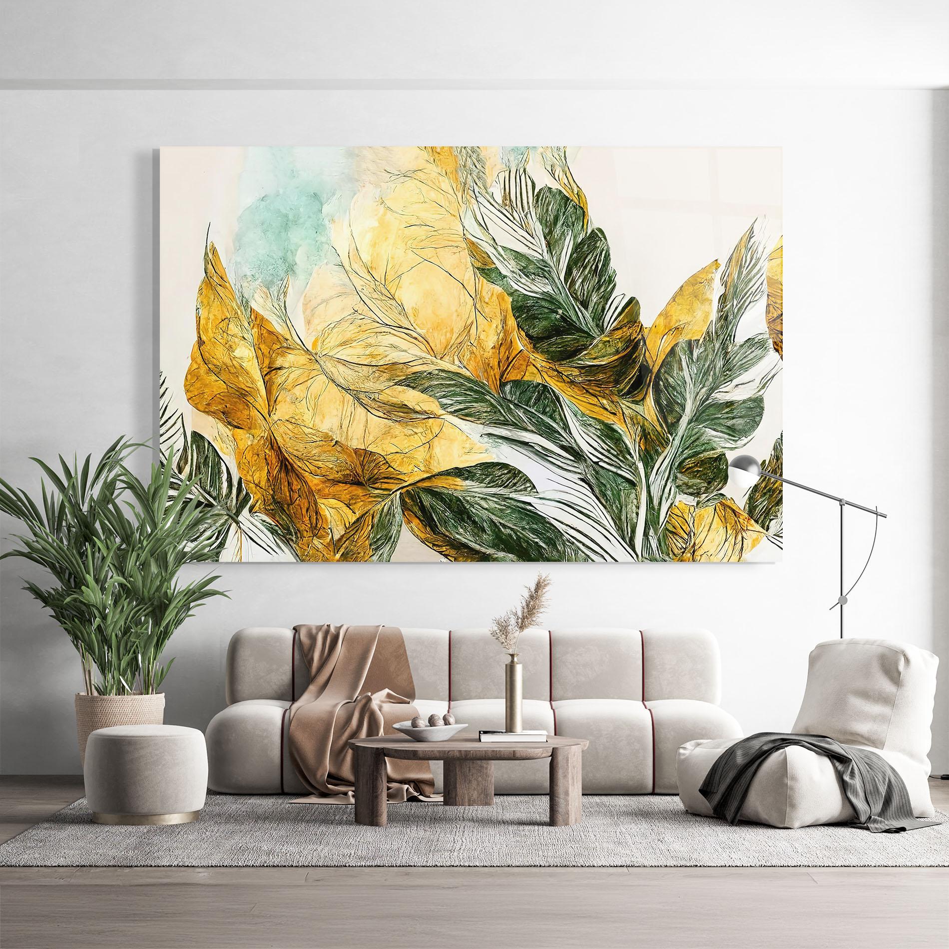 Glasbild Gold And Green Leafes mockup 9