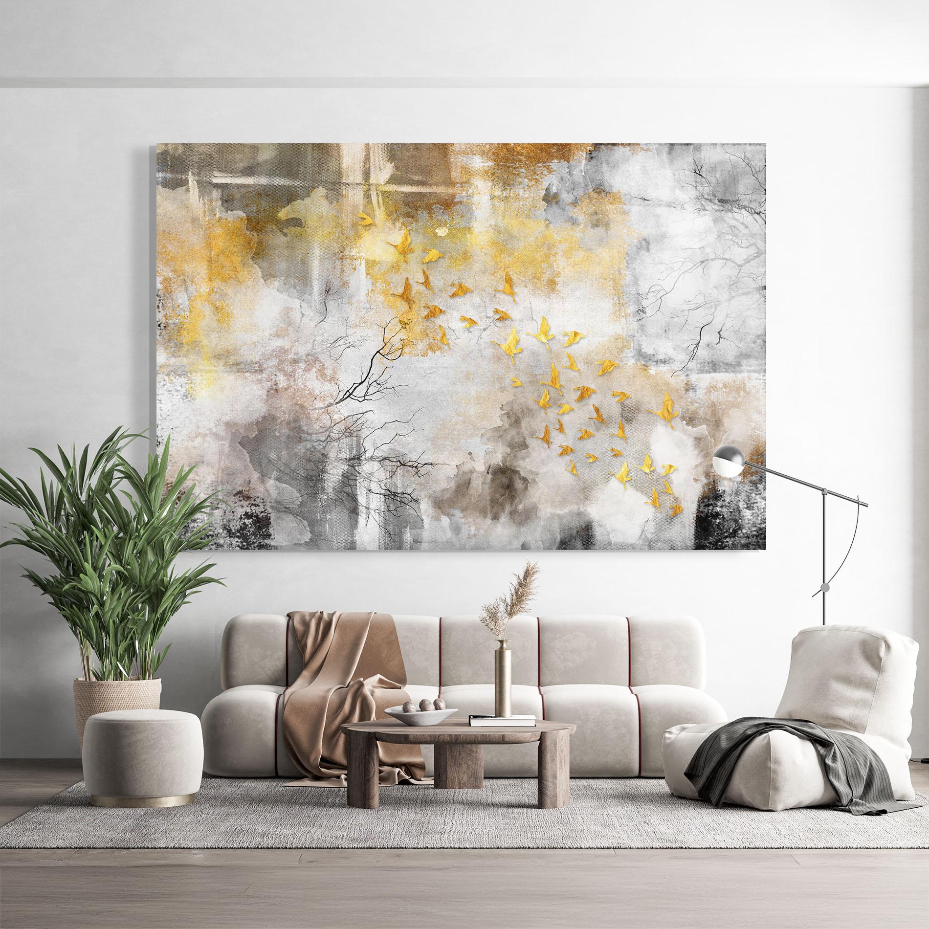 Glasbild Gold Birds Flying mockup 9