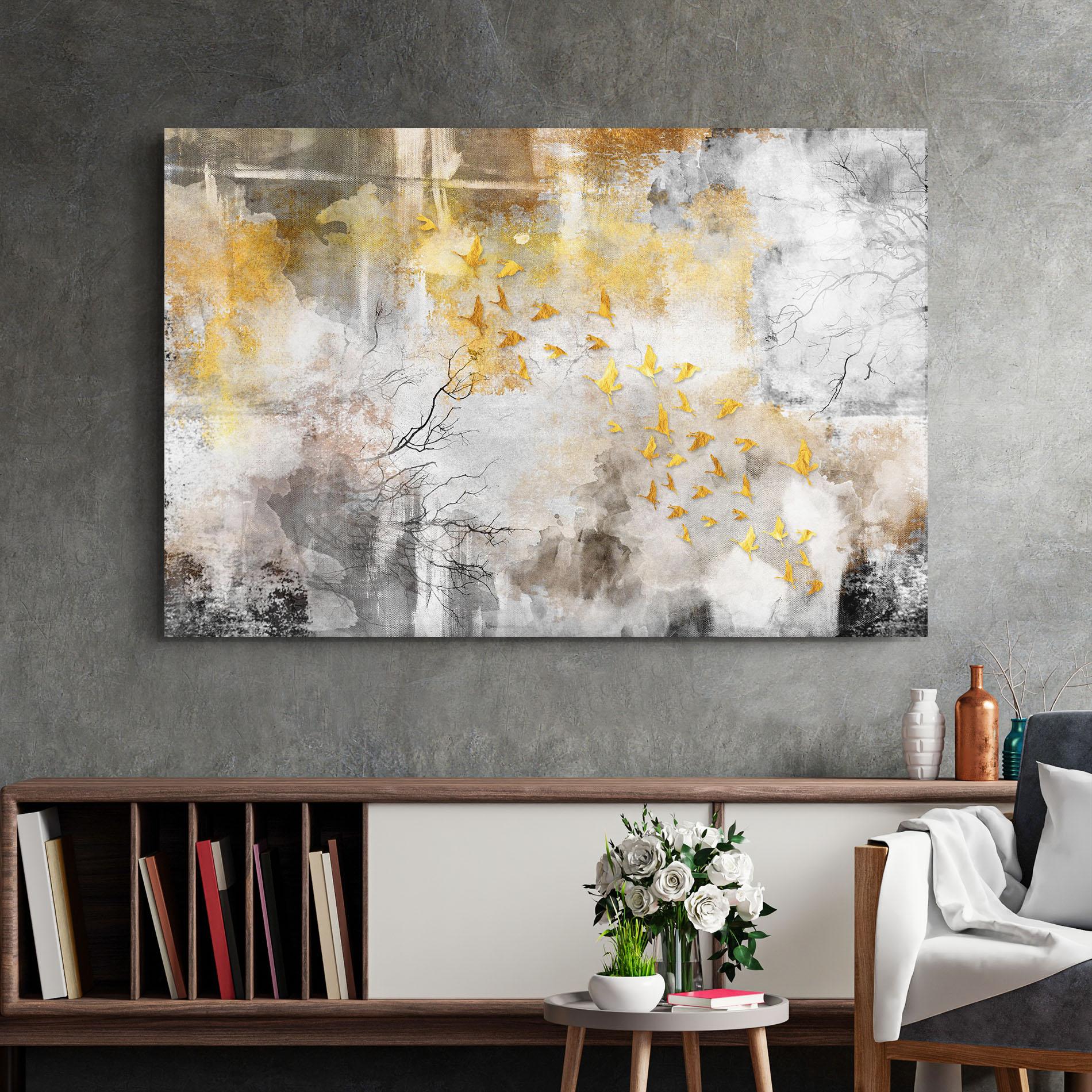 Glasbild Gold Birds Flying mockup 2