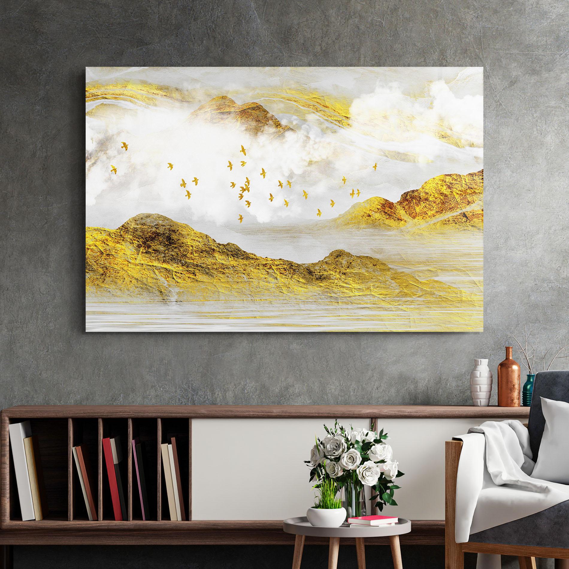 Glasbild Gold Mountains Abstract mockup 2