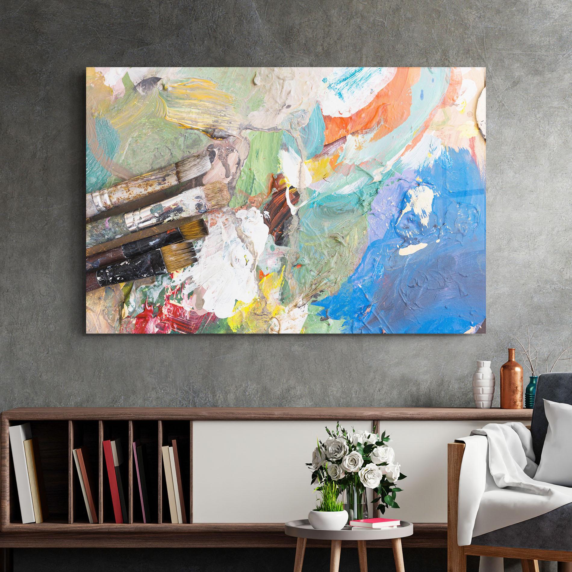 Glasbild Messy Paint Brushes mockup 2