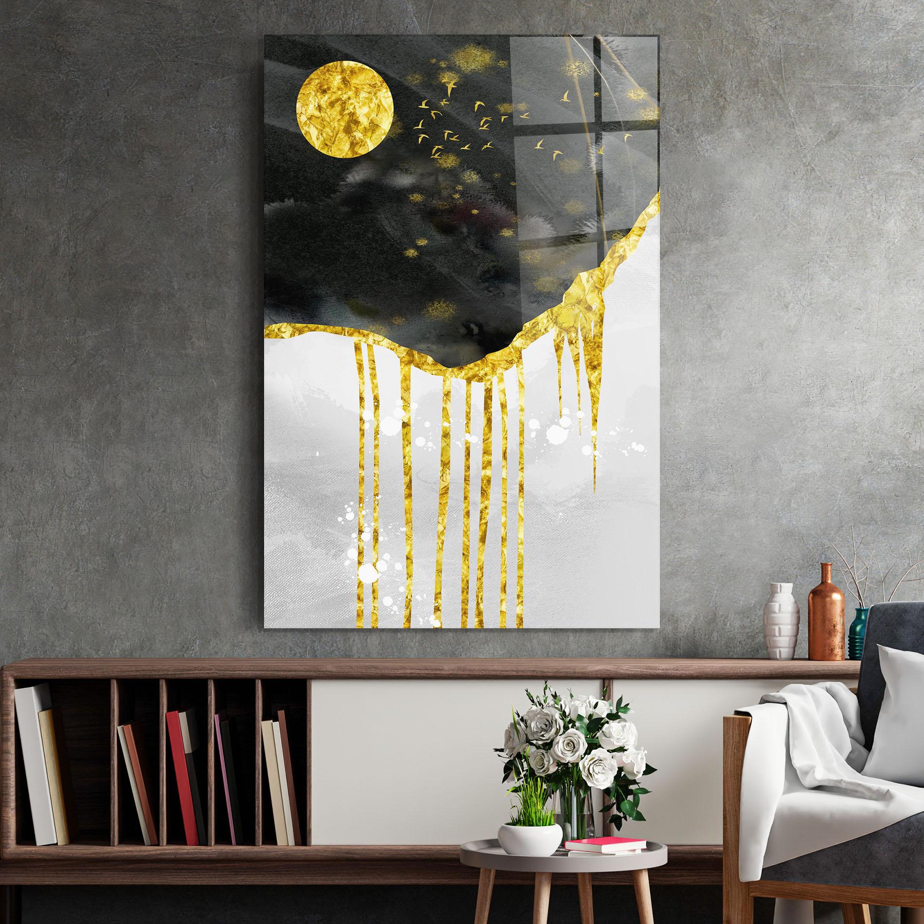 Glasbild Gold Moon And Birds mockup 2