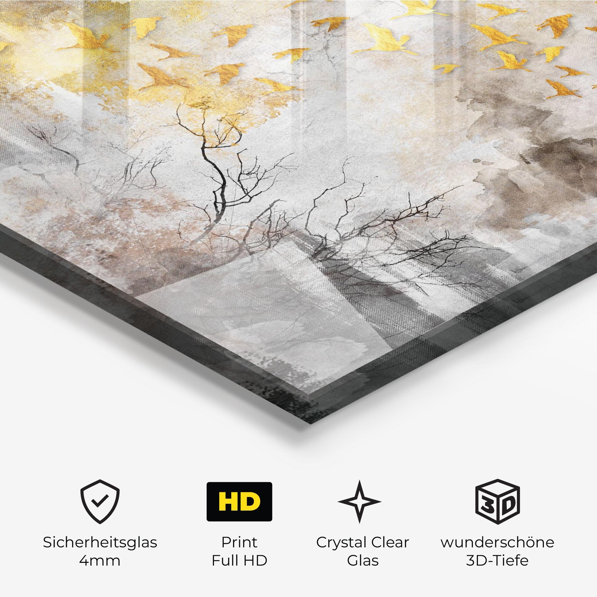 Glasbild Gold Birds Flying mockup 3