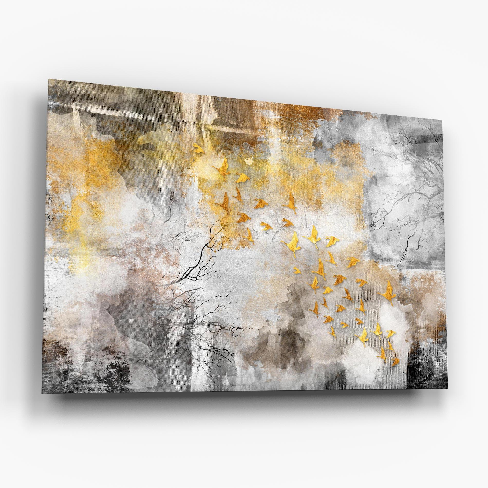 Glasbild Gold Birds Flying mockup 6
