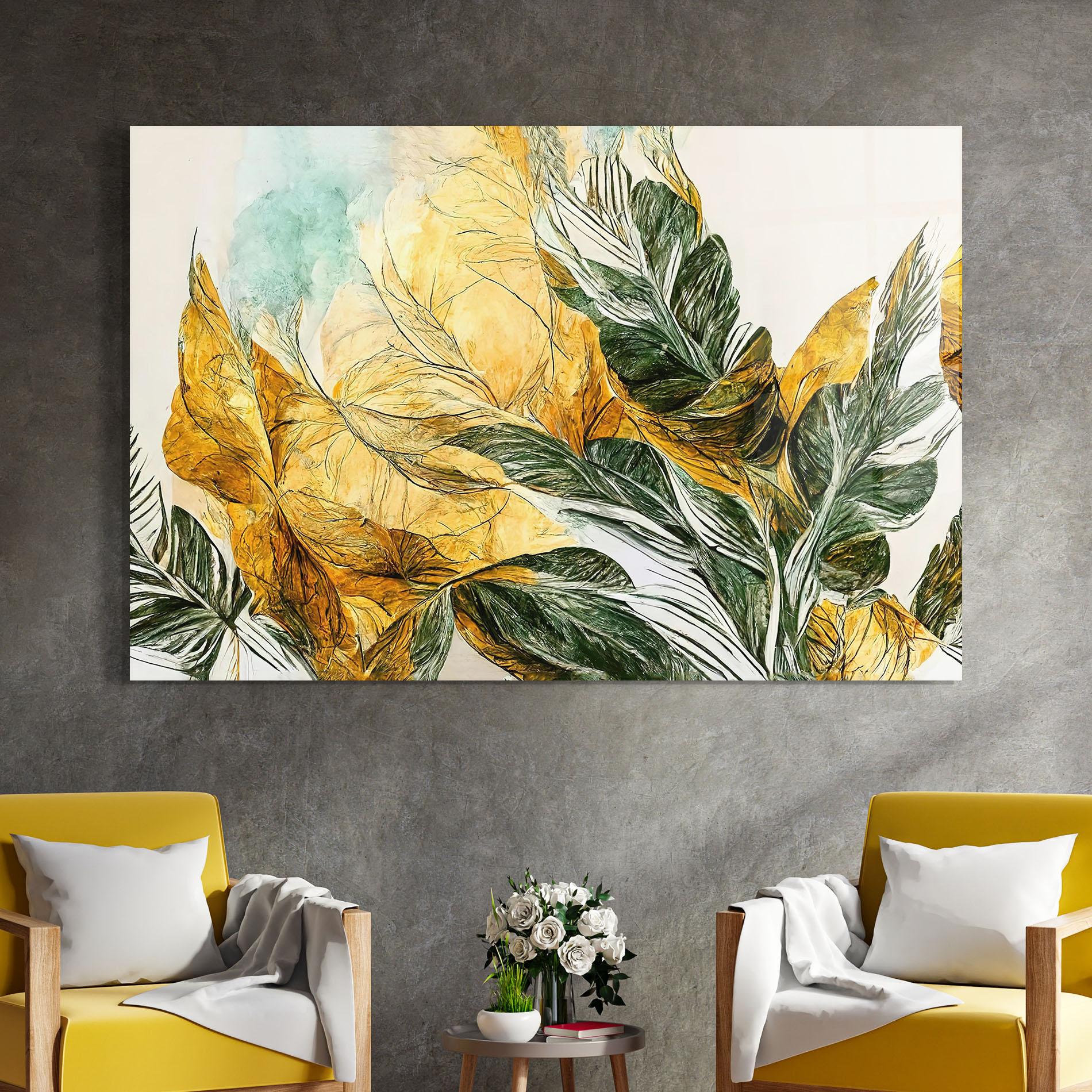 Glasbild Gold And Green Leafes mockup 4