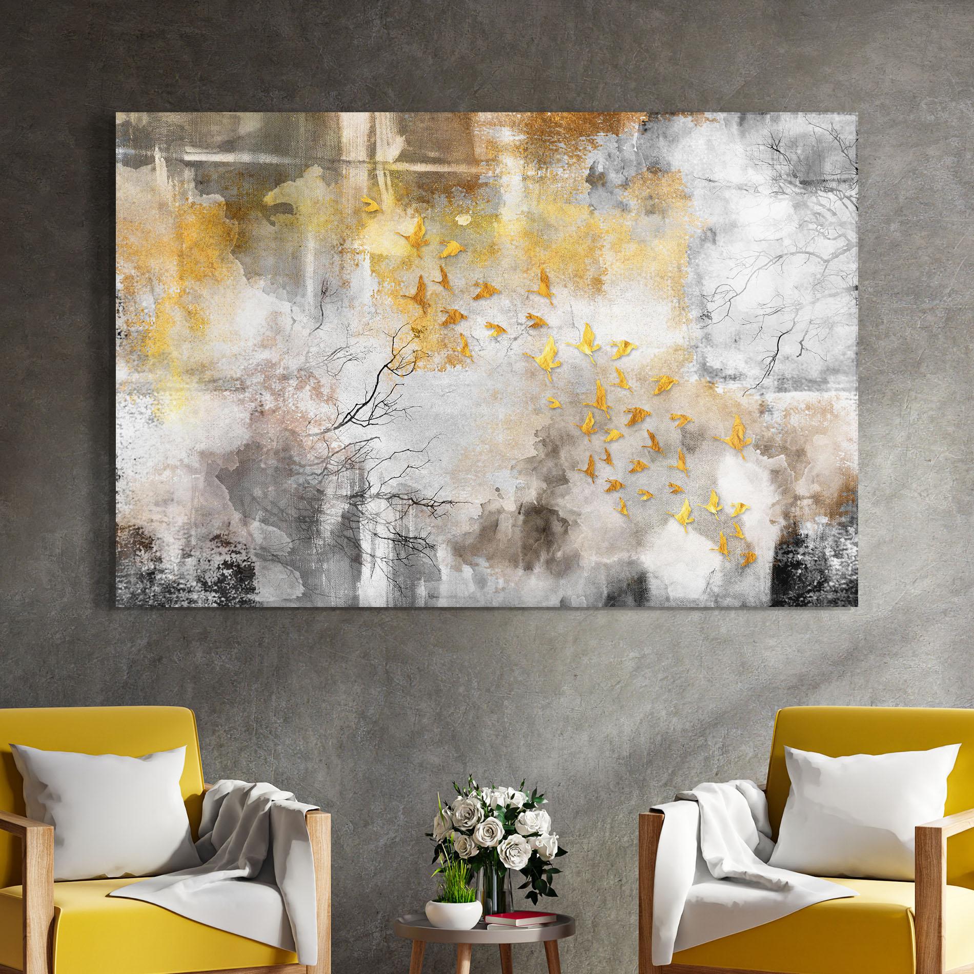Glasbild Gold Birds Flying mockup 4