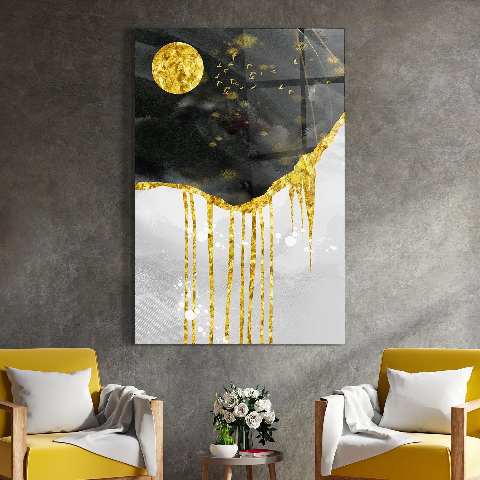 Glasbild Gold Moon And Birds mockup 4