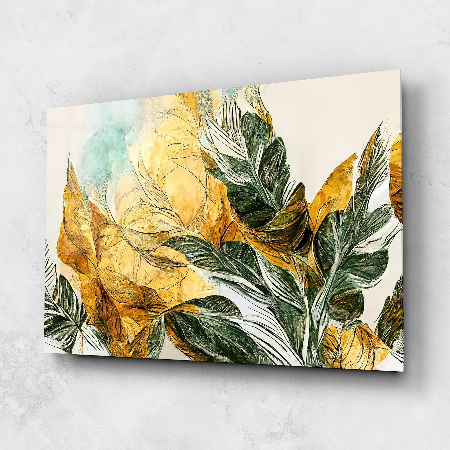 Glasbild Gold And Green Leafes mockup 1