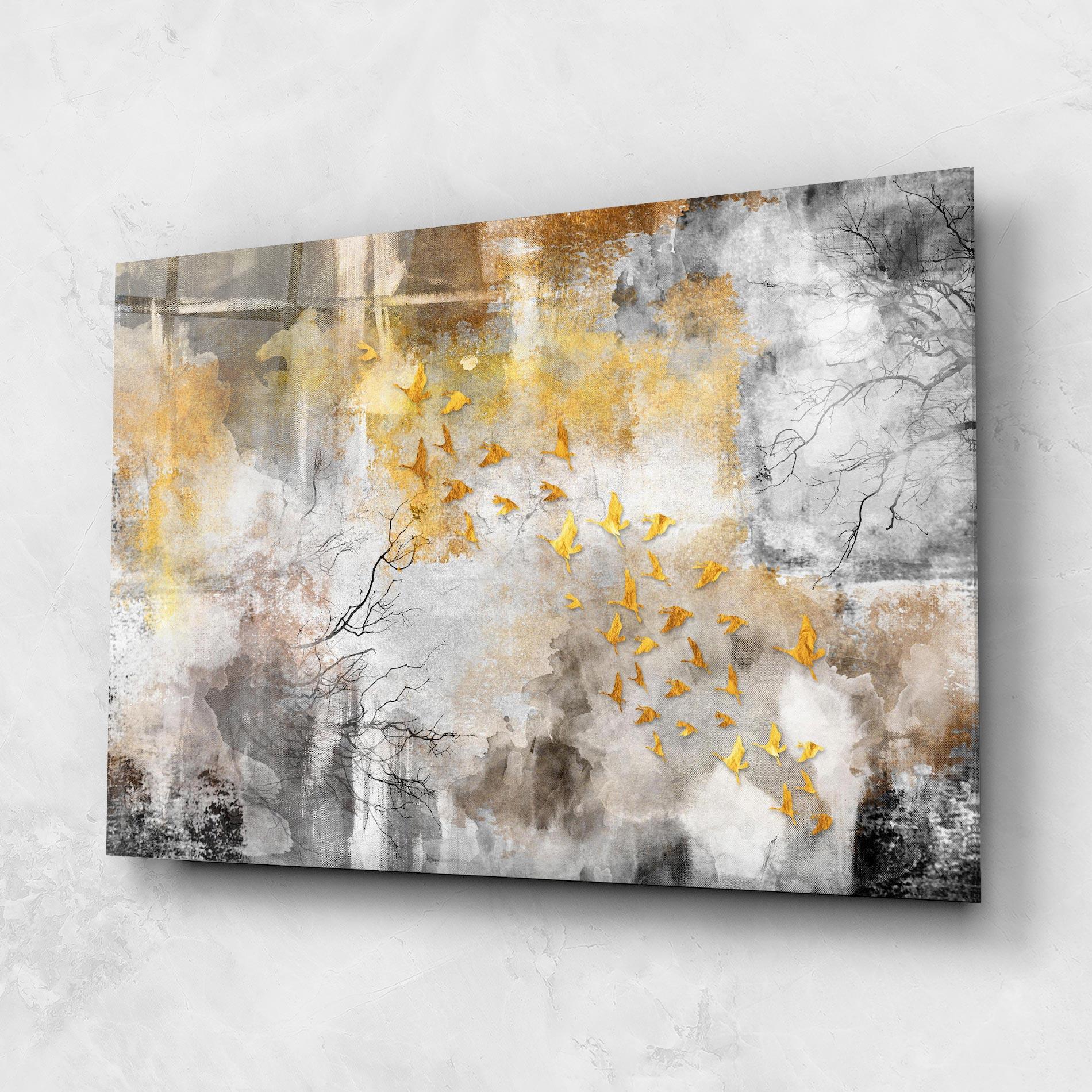 Glasbild Gold Birds Flying mockup 1