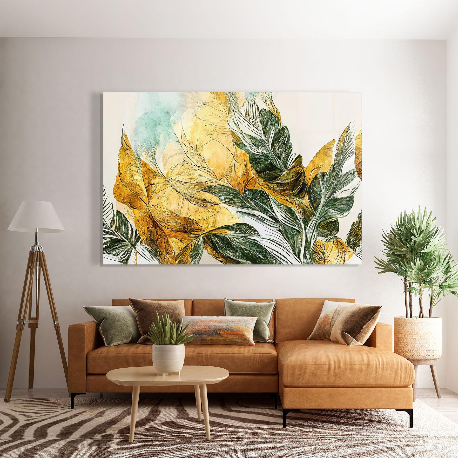 Glasbild Gold And Green Leafes mockup 7