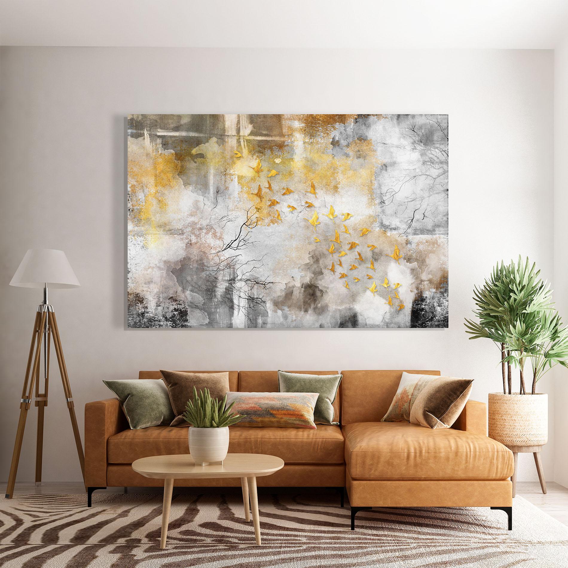 Glasbild Gold Birds Flying mockup 7