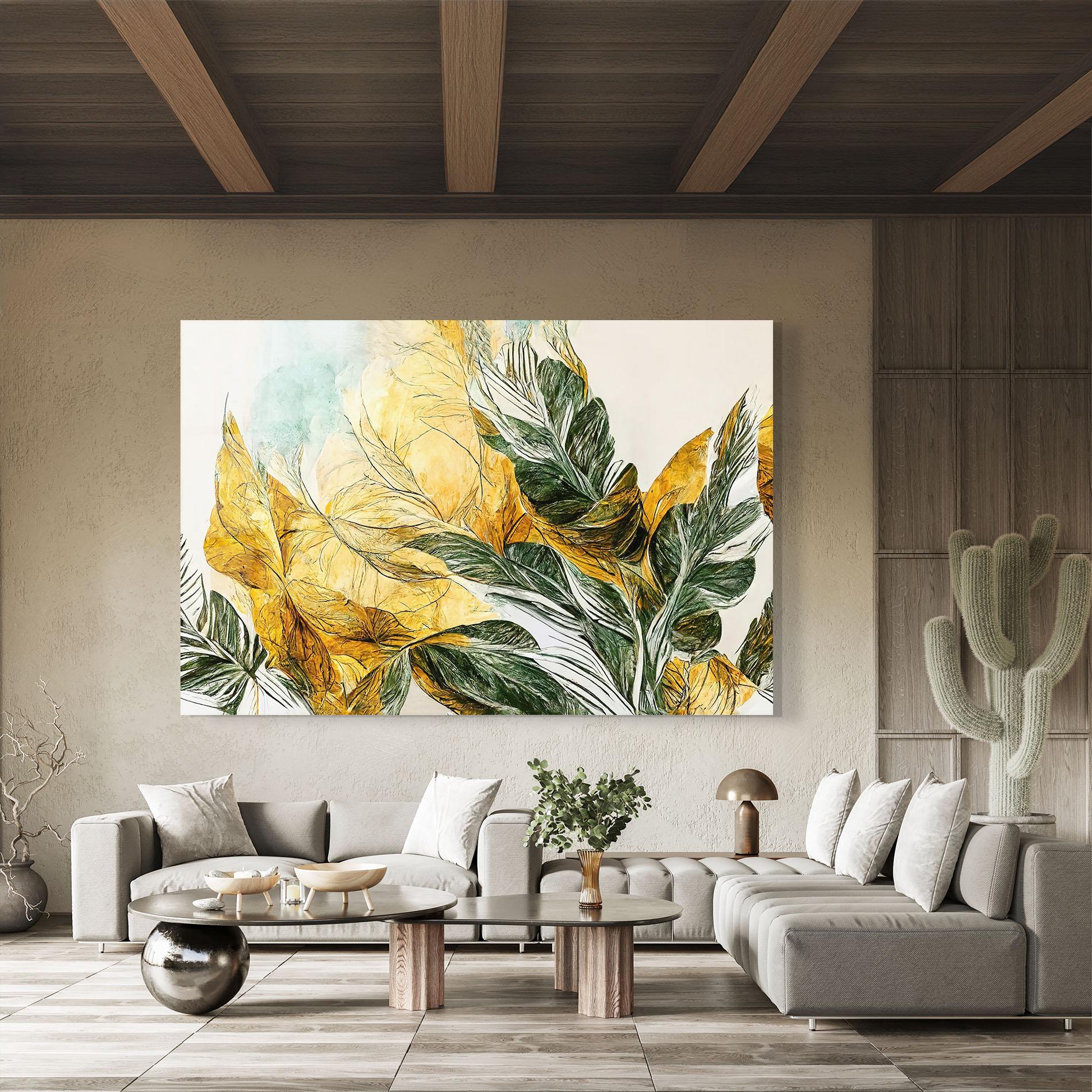 Glasbild Gold And Green Leafes mockup 8