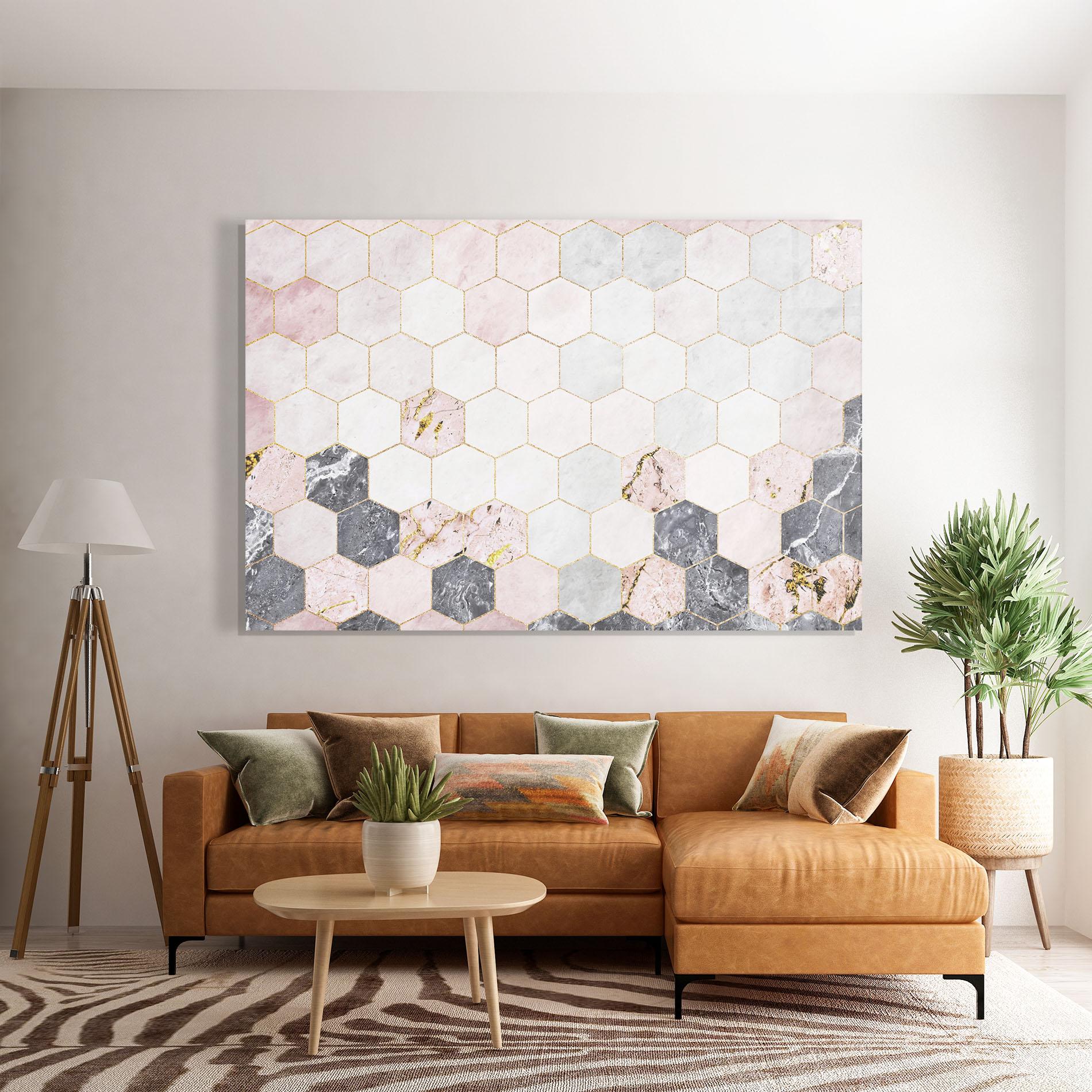 Glasbild Grey Pink Hexagon mockup 7