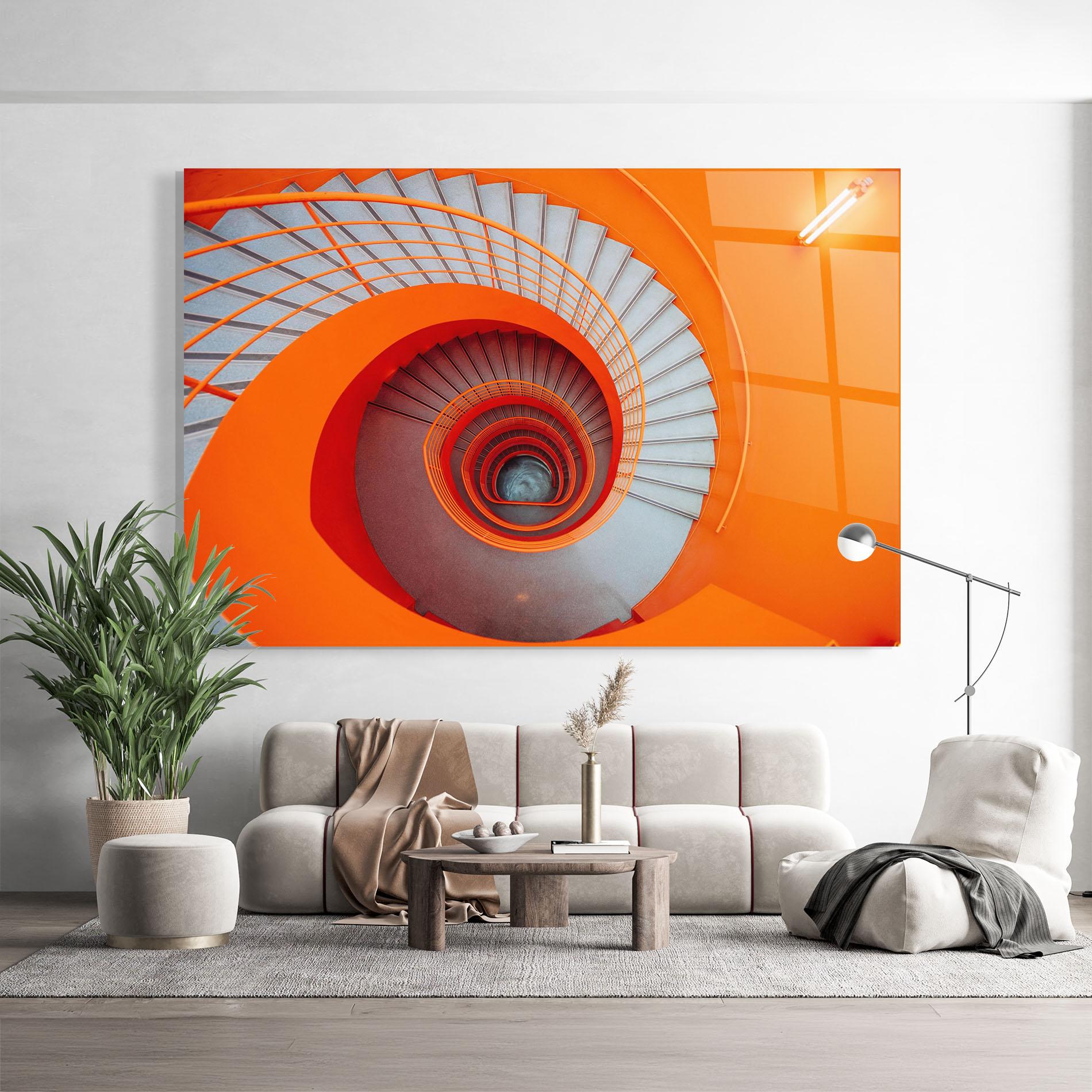 Glasbild Grey Orange Stairs mockup 9